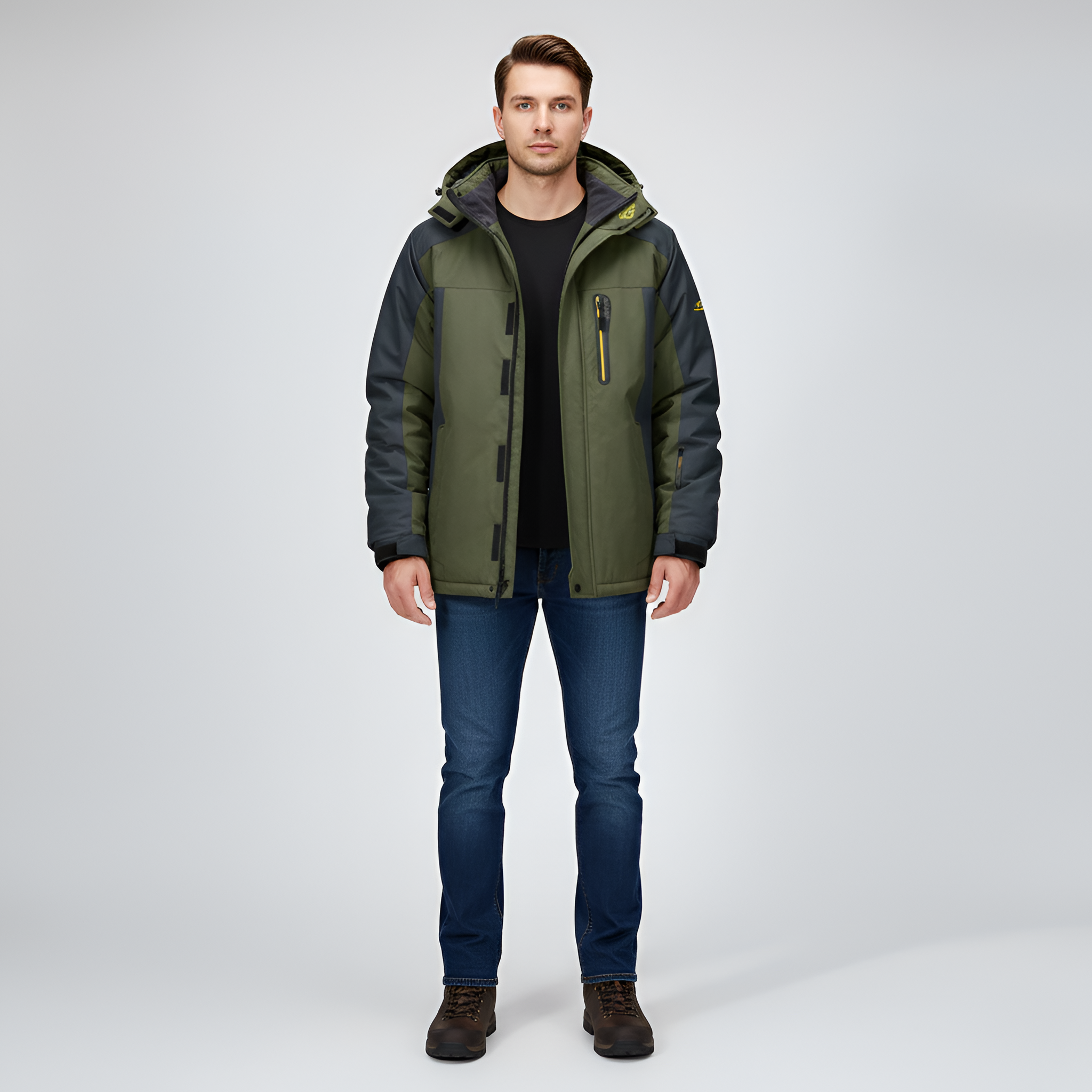 Men's jacket with hood and fleece lining in durable technical fabric