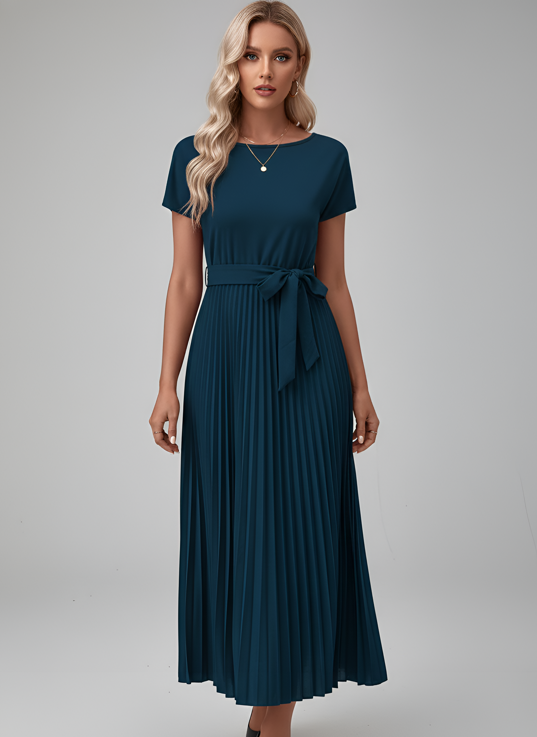 Abito Midi Plissettato Donna con Cintura e Maniche Corte in Tessuto Fluido