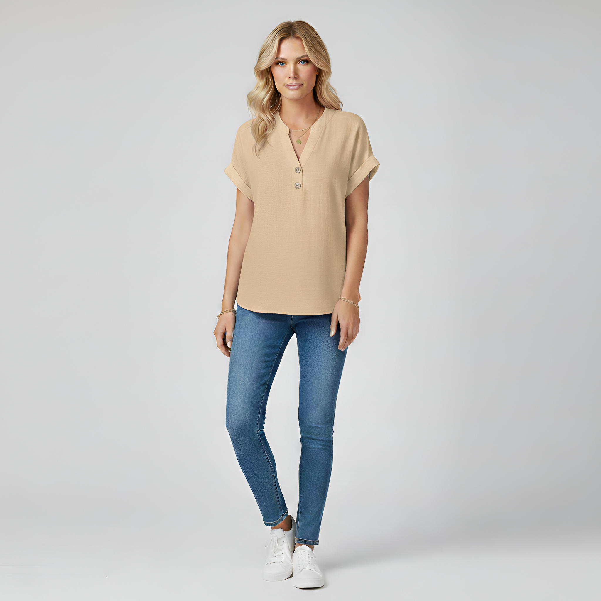 Blusa donna maniche corte in cotone con scollo a V e bottoni