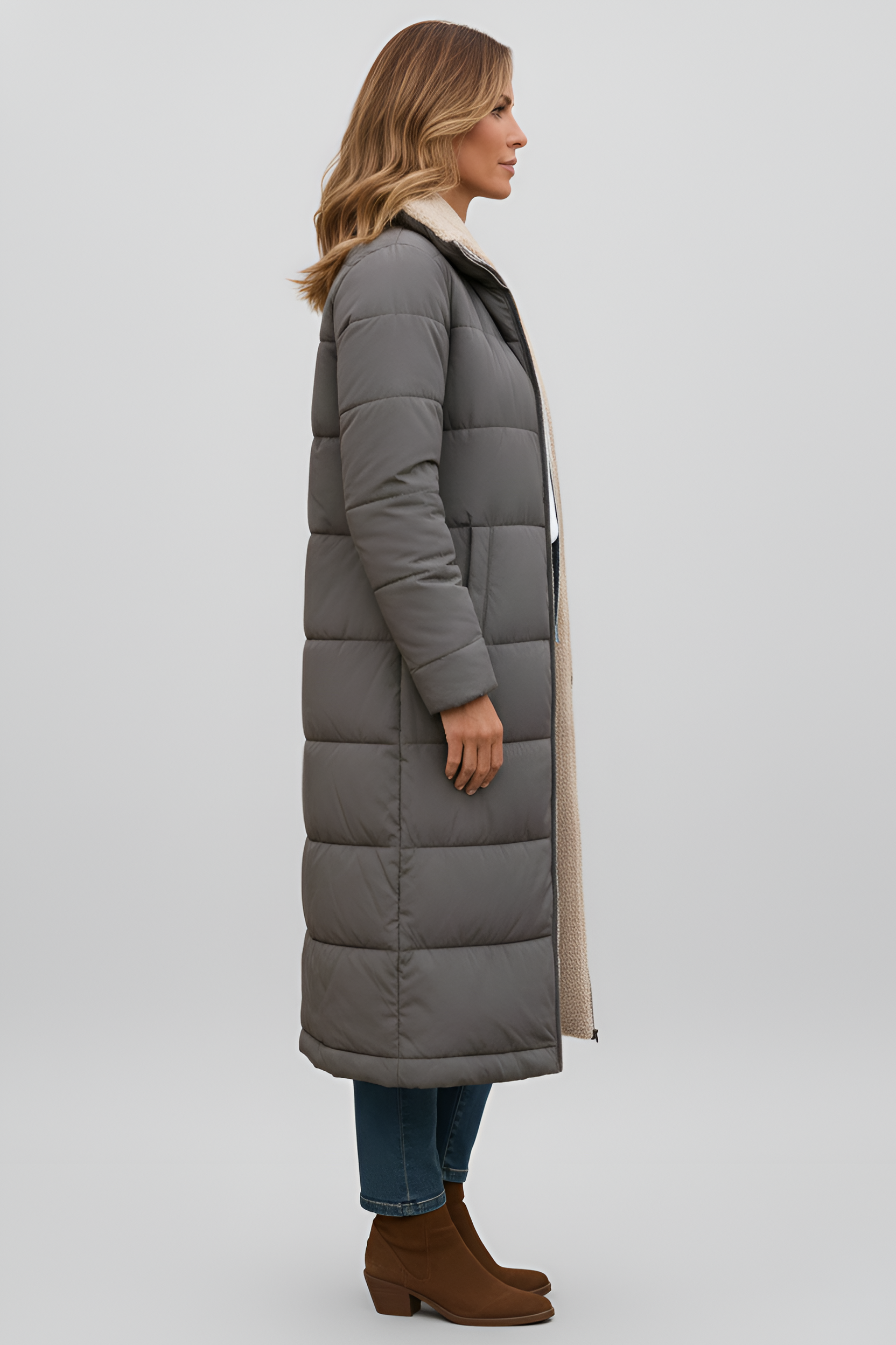 Valerios Fashion lang dame-dunjakke med shearlingfor