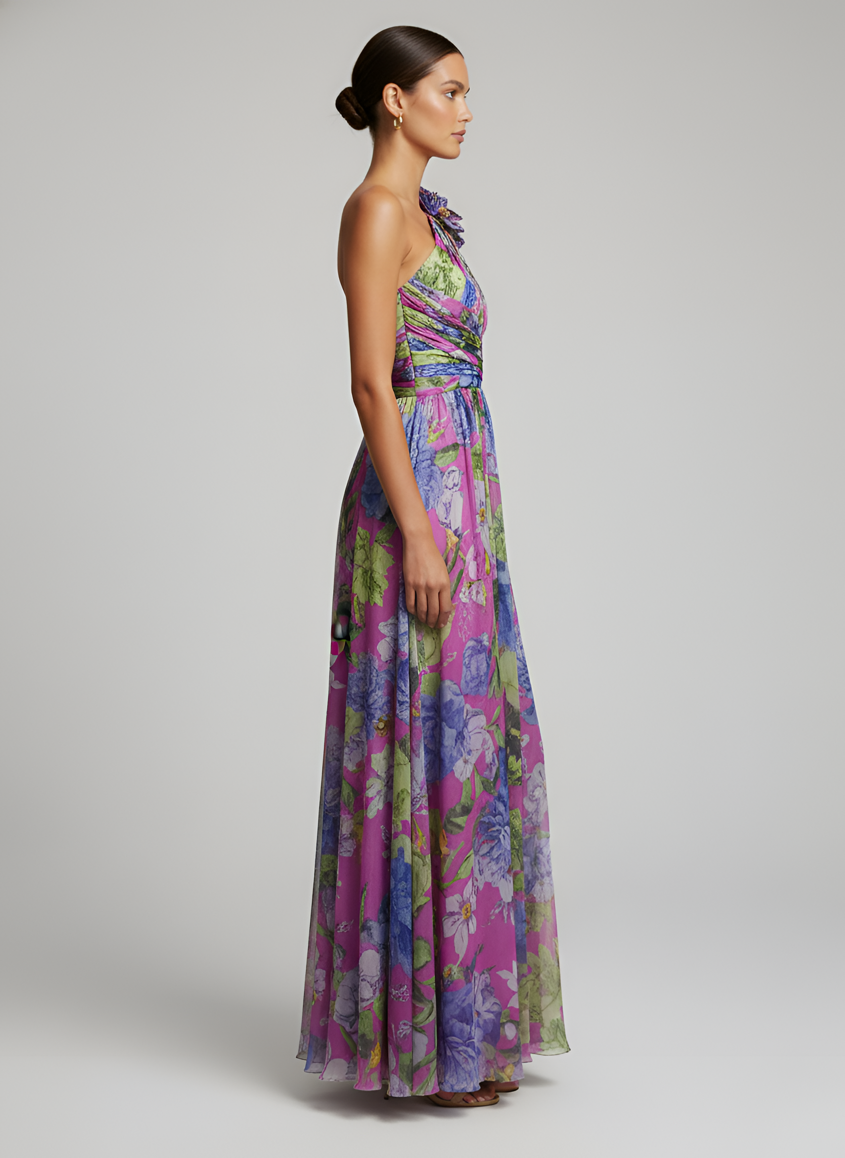 Abito lungo donna monospalla floreale con manica lunga e spacco elegante