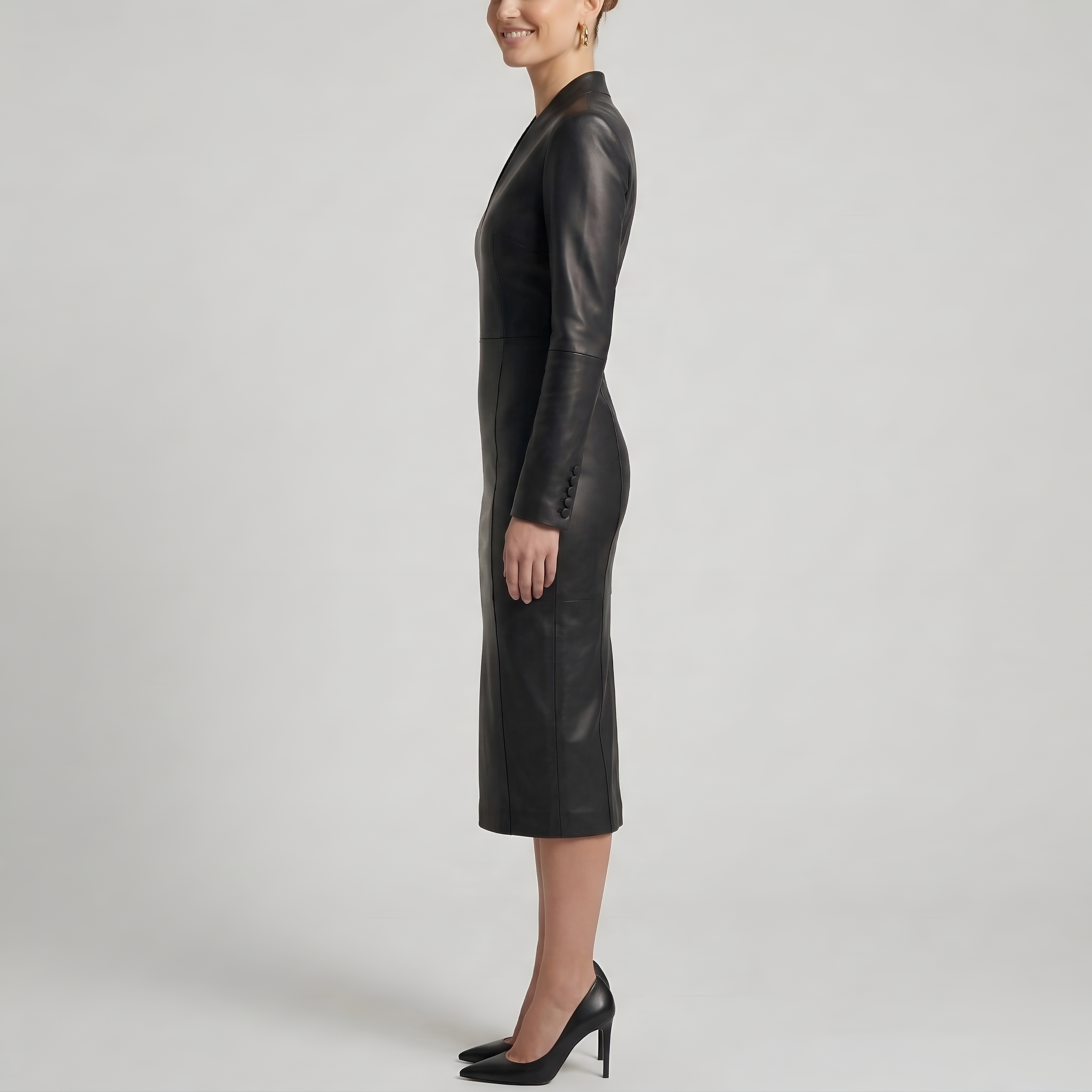 Women's Fitted Leather-Effect Dress with V-Neck and Long Sleeves Midi Dress