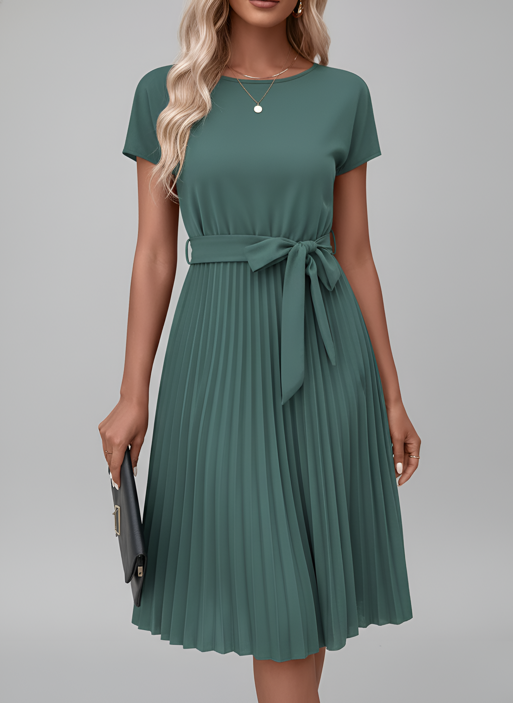 Abito Midi Plissettato Donna con Cintura e Maniche Corte in Tessuto Fluido