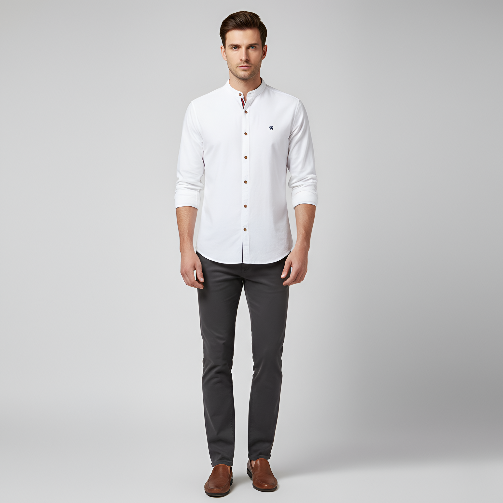 Men's long-sleeved cotton shirt with mandarin collar regular fit