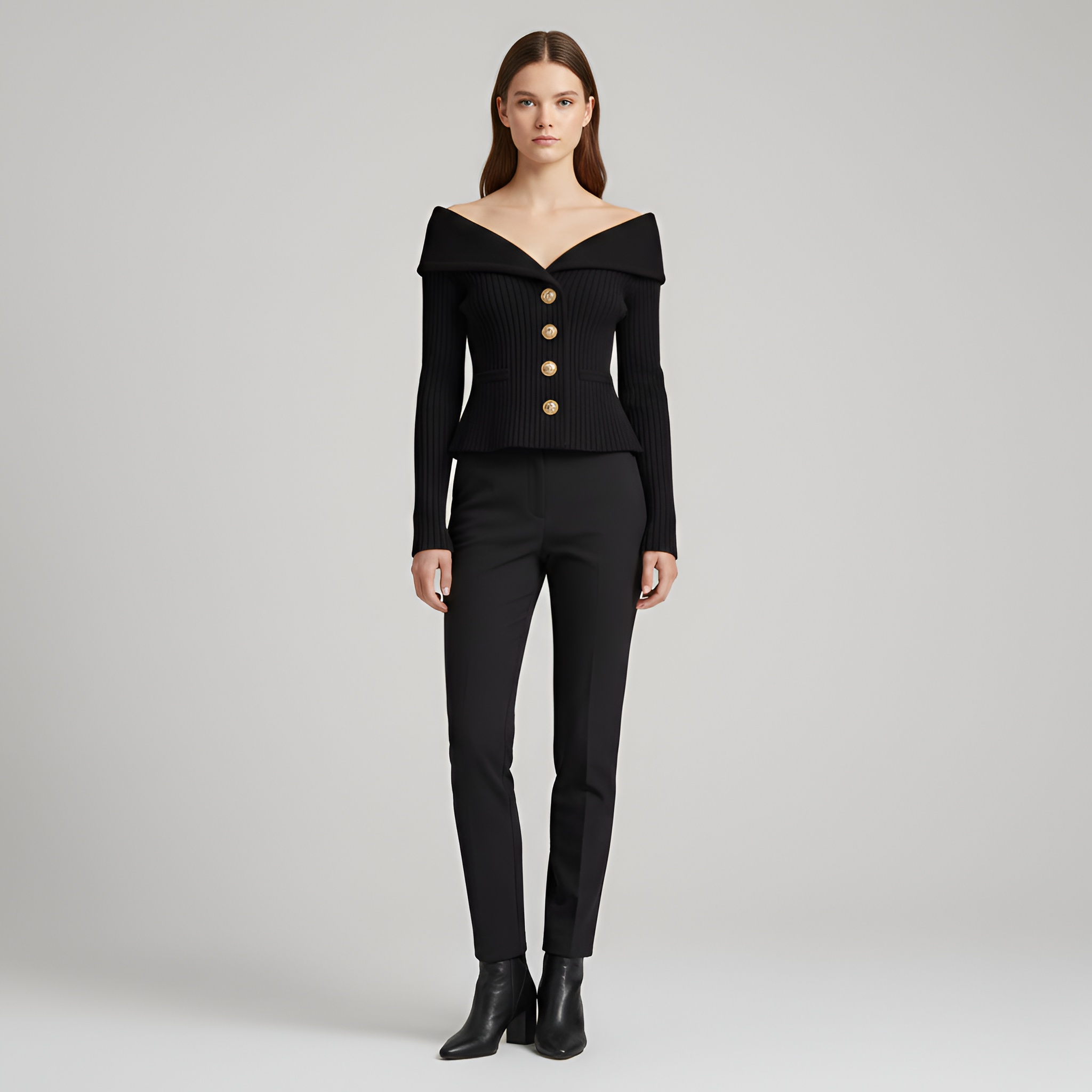 Női bordázott kardigángombos V-nyakú szűk szabású pulóver