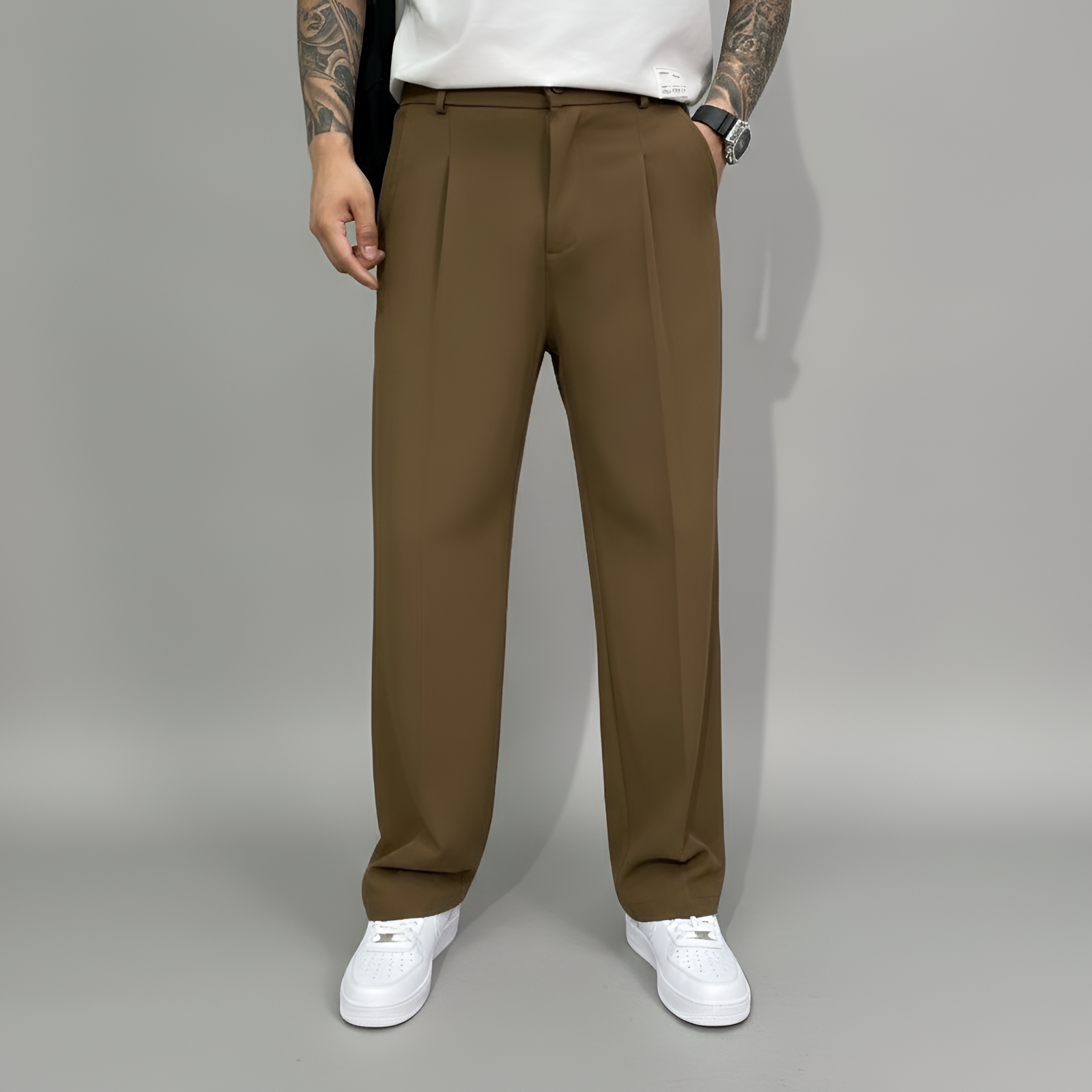 Men's tailored pleated trousers straight fit elegant casual style