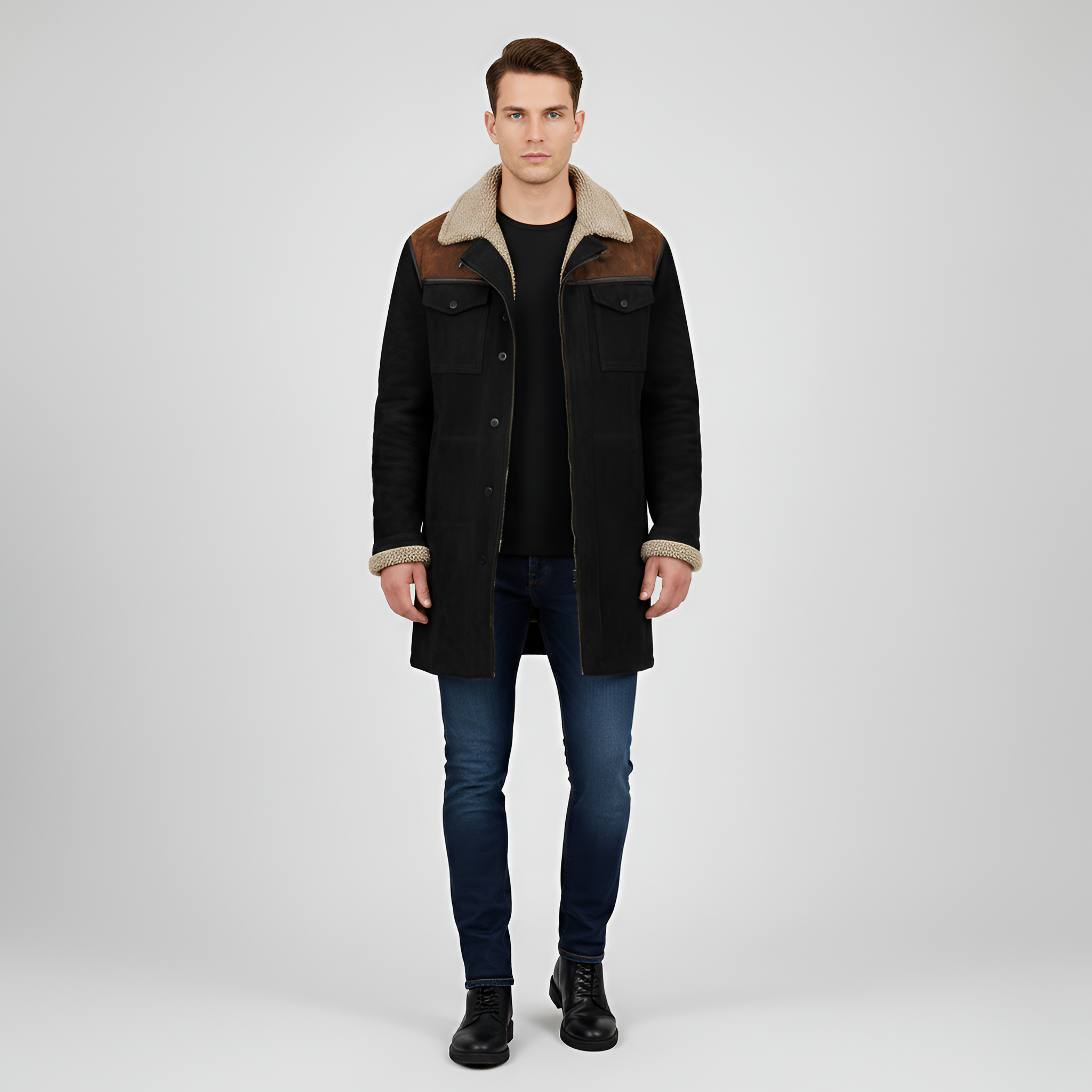 Valerios Fashion Men's Fleece-Lined Jacket with Shearling Collar and Buttons