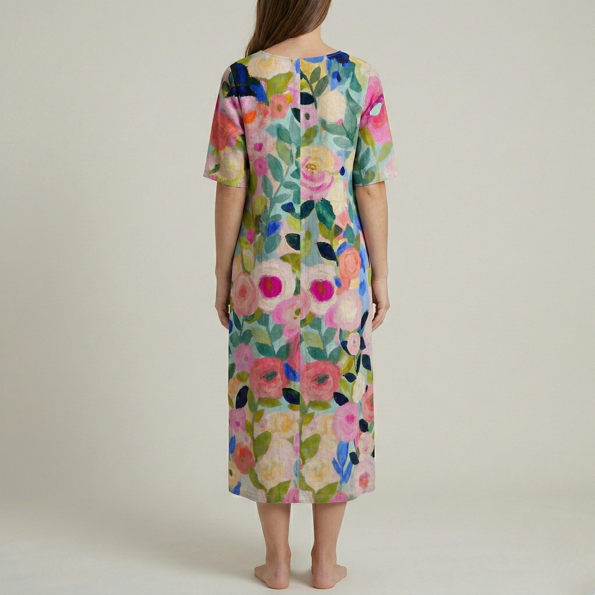 Vestito lungo donna floreale in cotone con scollo a V manica corta