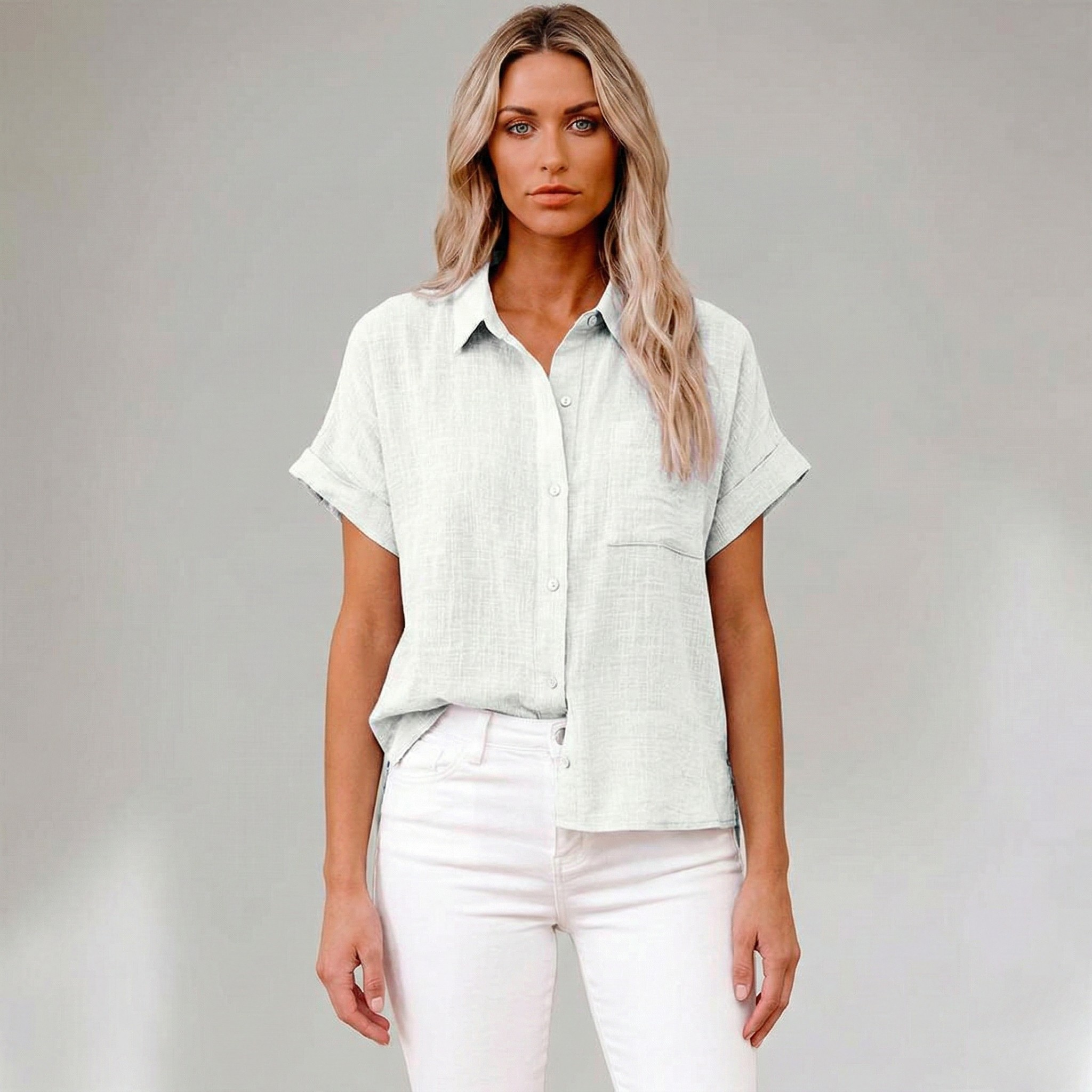 Camicia Donna Lino Manica Corta Camicetta Estiva con Bottoni