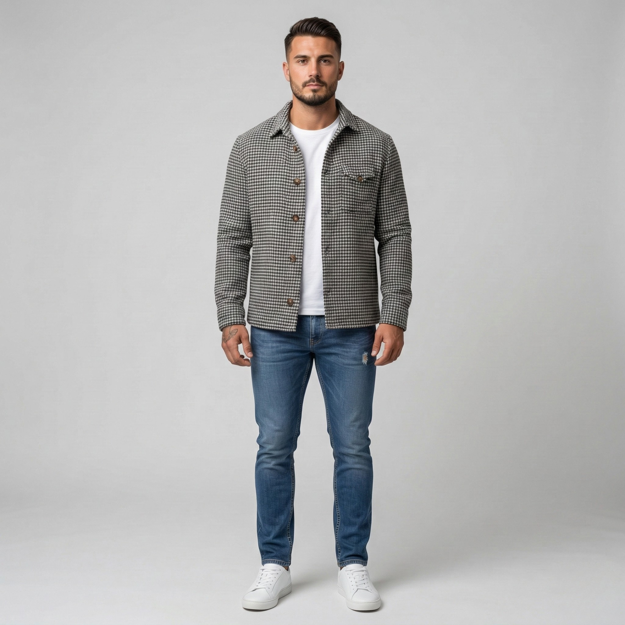 Męska koszula marynarka w kratę z guzikami, overshirt casual, męskie długie rękawy