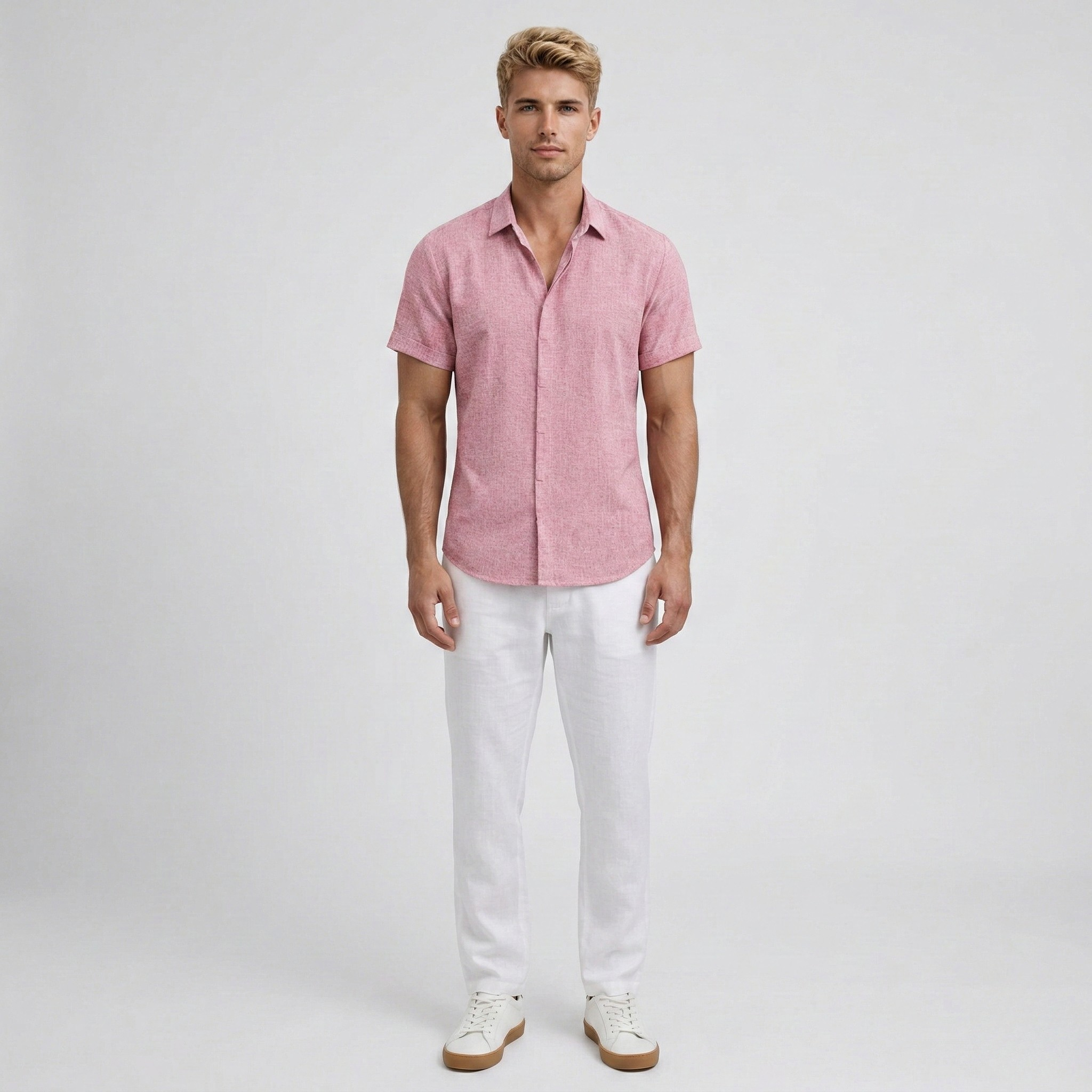 Camisa de Homem em Linho Manga Curta Ajustada de Verão Casual Elegante