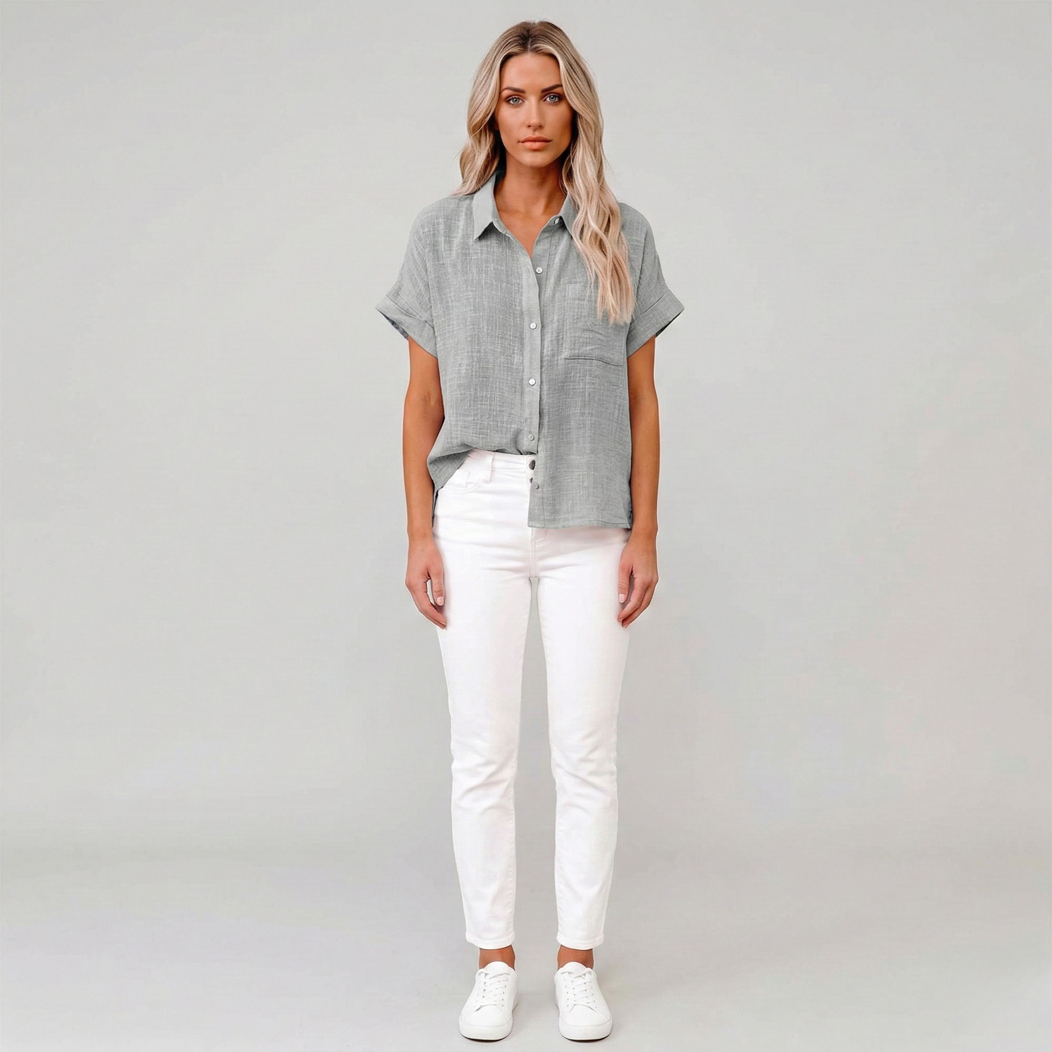 Camicia Donna Lino Manica Corta Camicetta Estiva con Bottoni