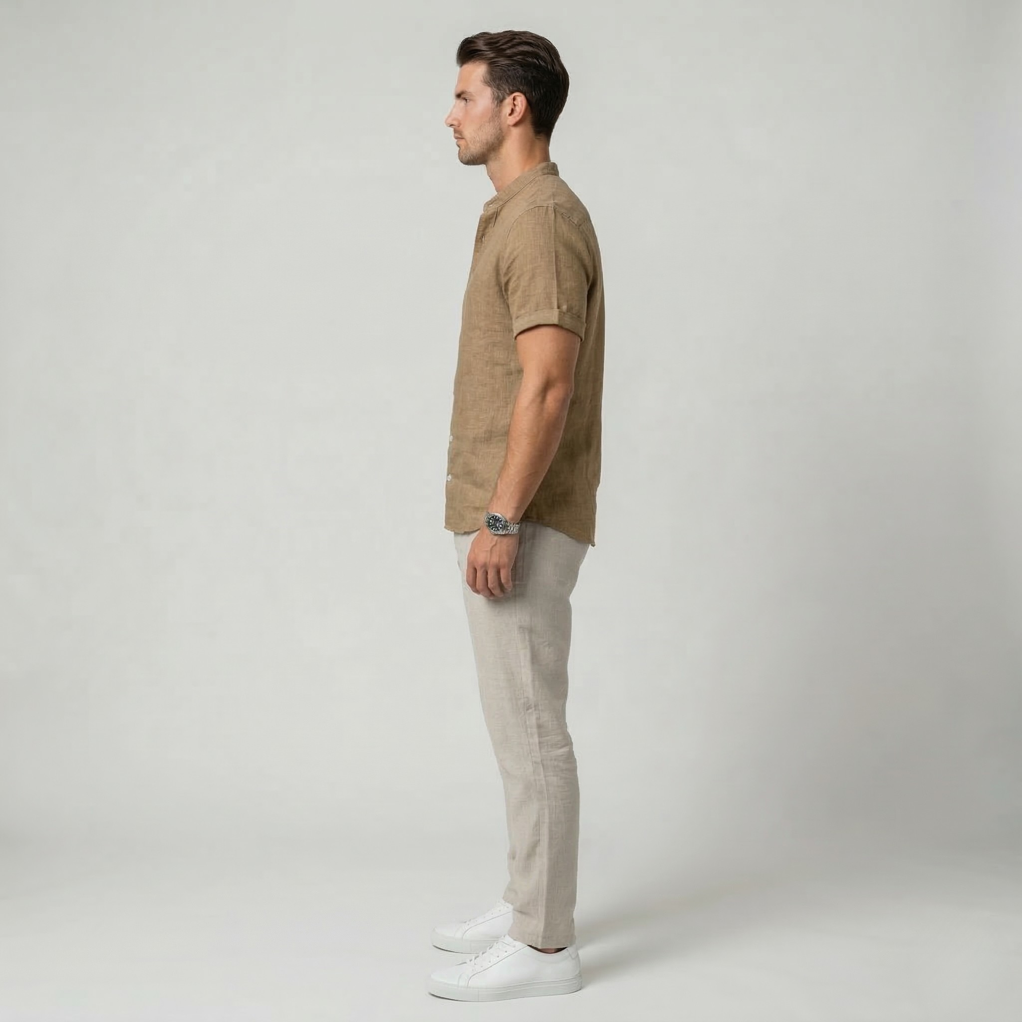 Koszula męska z bawełny i lnu, krótki rękaw, kołnierz koreański, casualowa letnia, zapinana na guziki