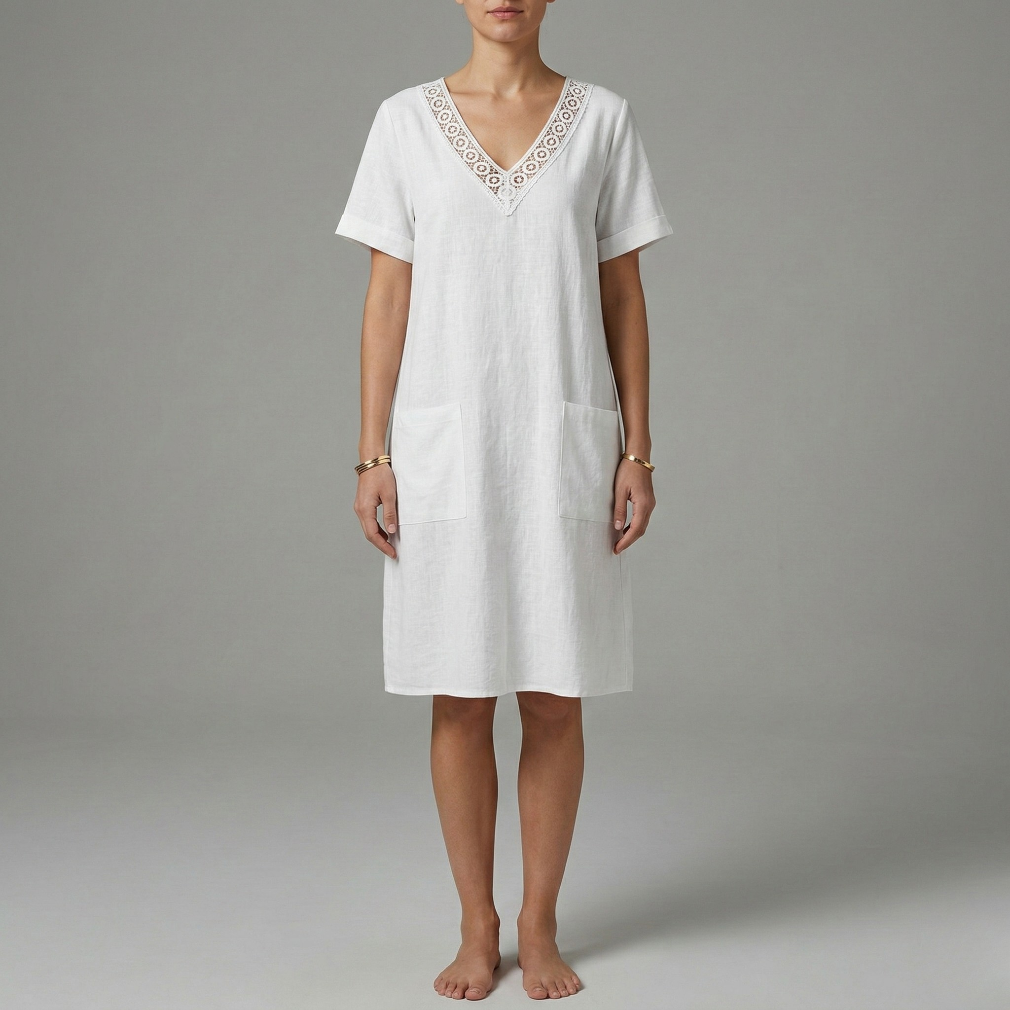 Vestido de verão para mulher em algodão com decote em V, bolsos e mangas curtas