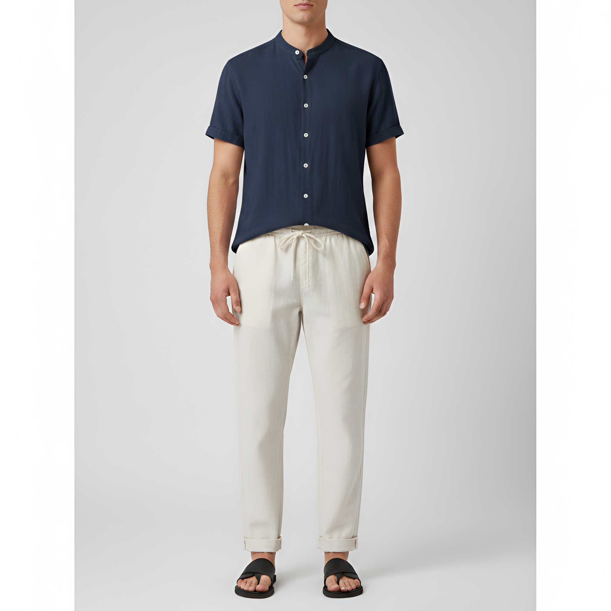 Conjunto Homem Camisa e Calças em Linho com Manga Curta e Ajuste Regular