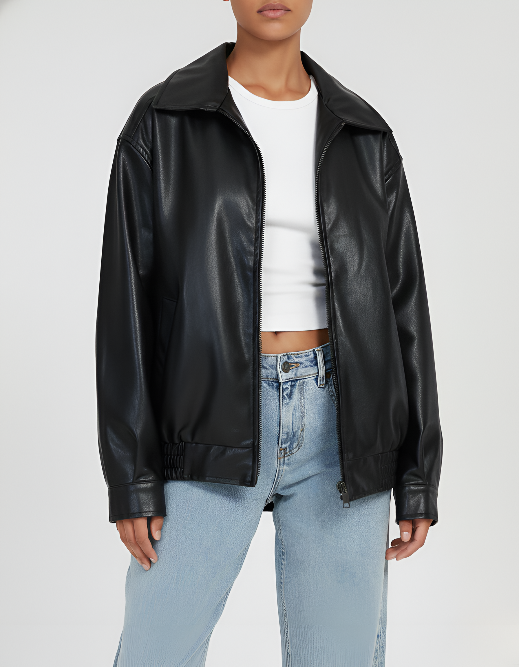 Dámská bunda z umělé kůže se zipem, volný střih, městský ležérní styl