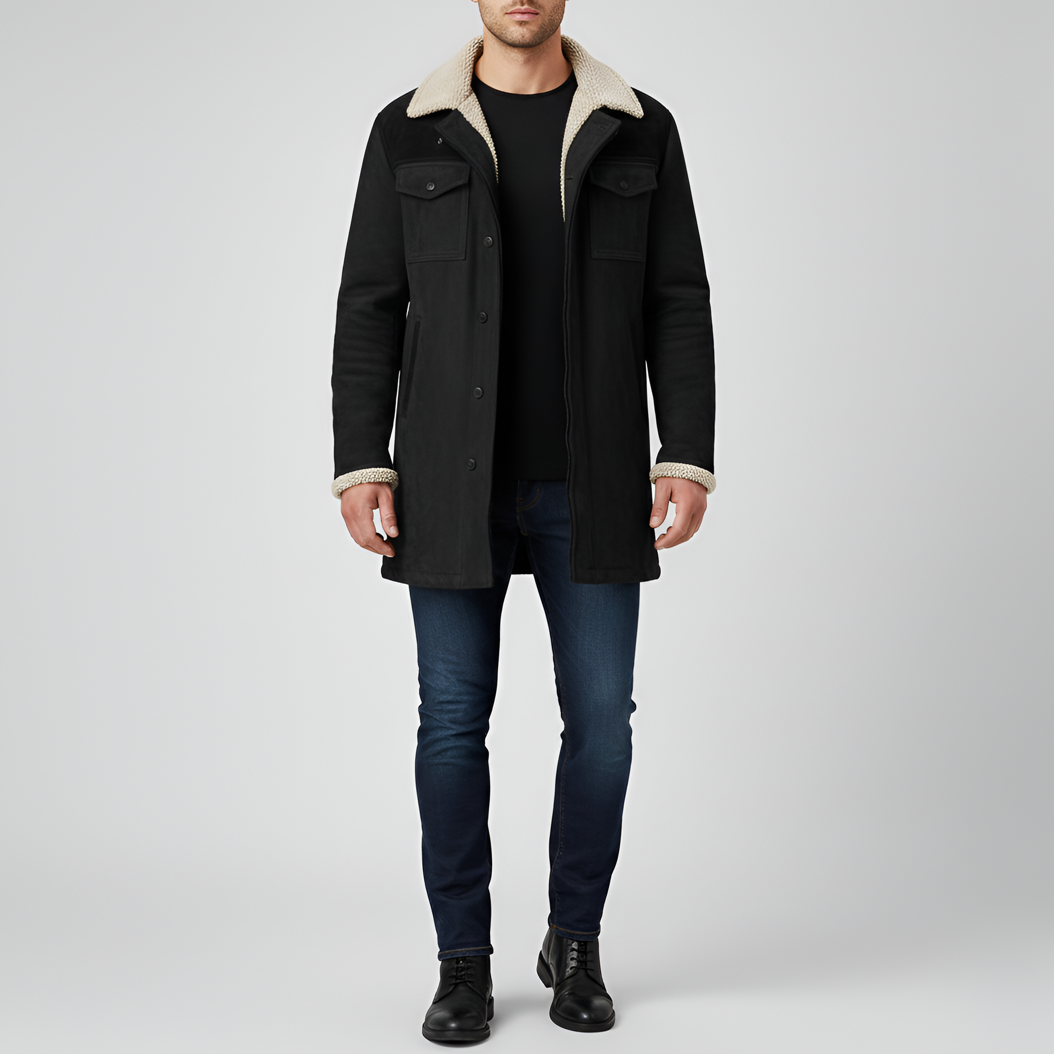 Valerios Fashion Men's Fleece-Lined Jacket with Shearling Collar and Buttons