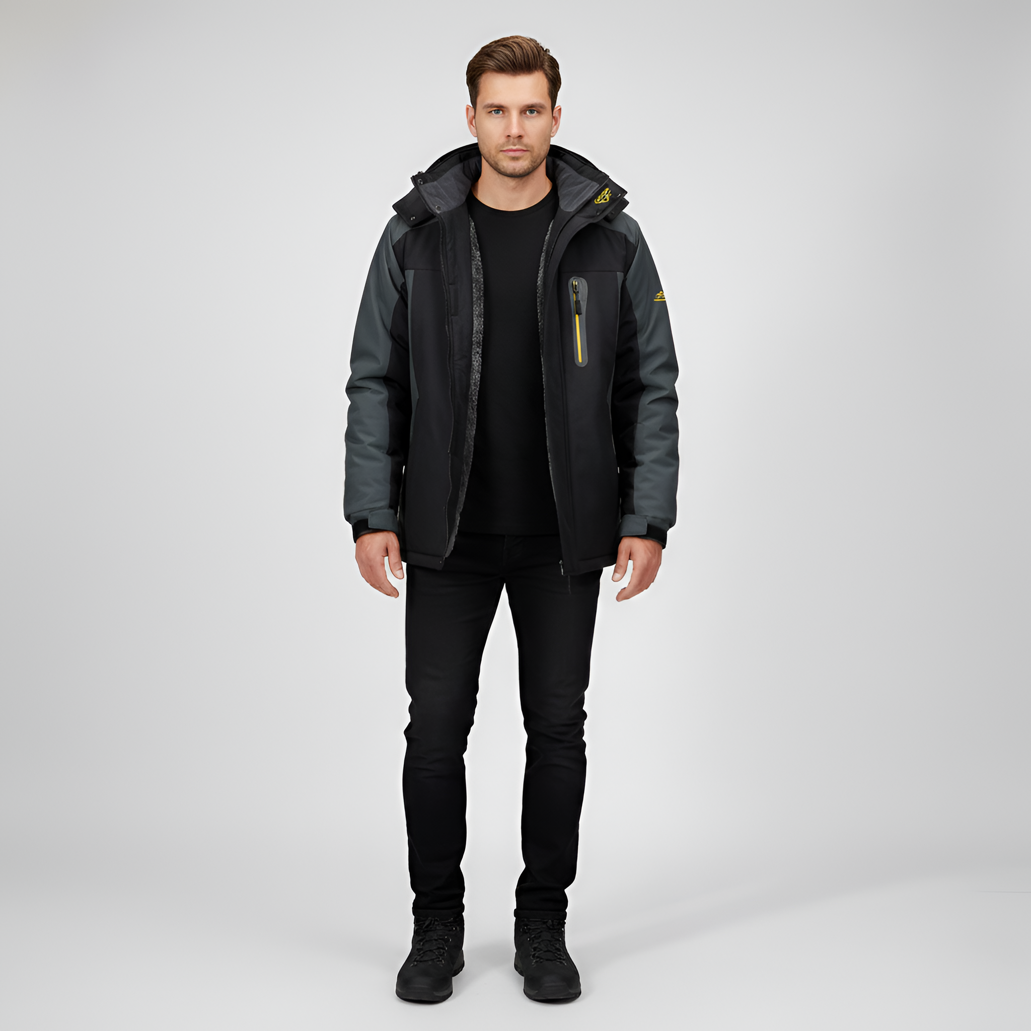 Men's jacket with hood and fleece lining in durable technical fabric