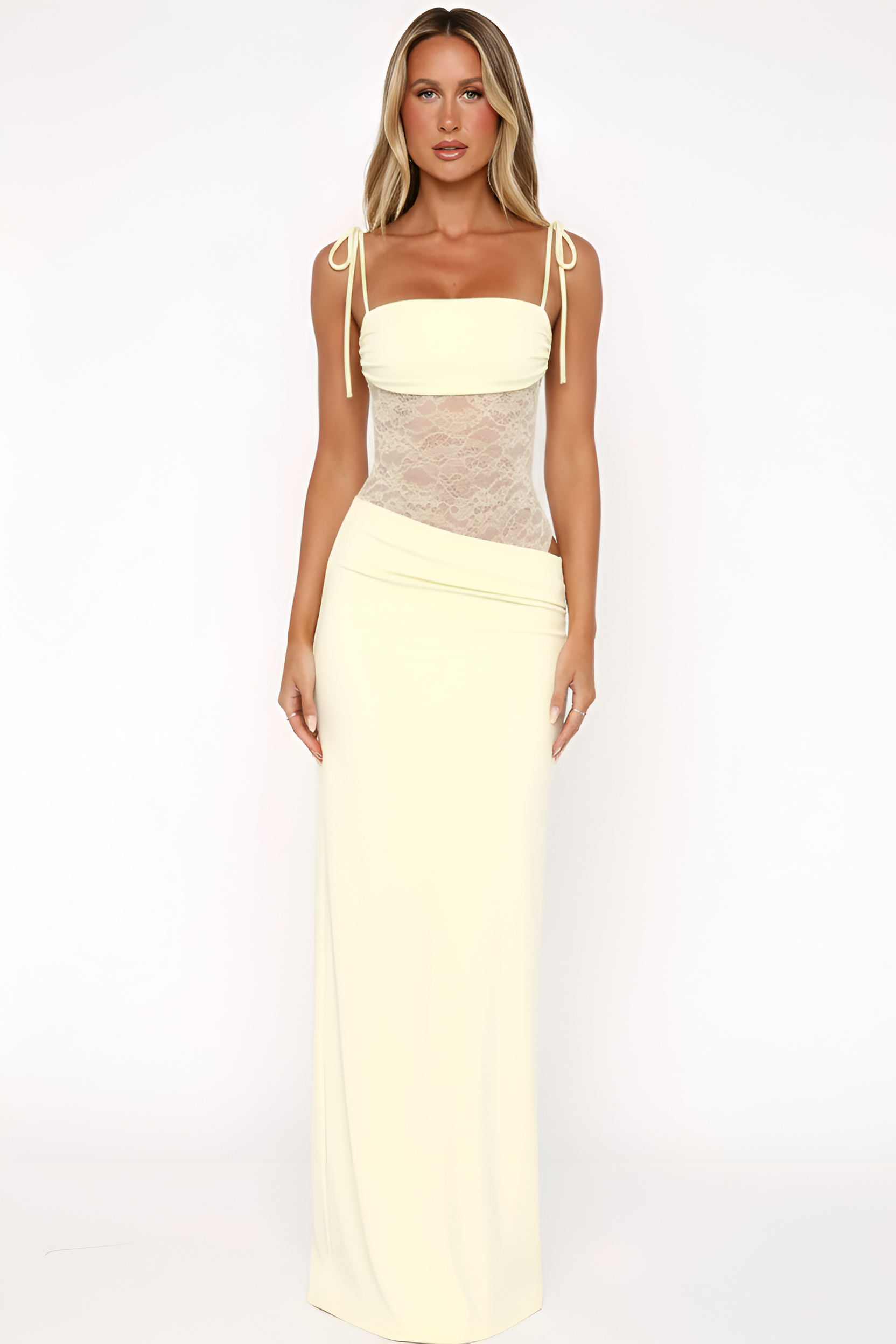 Abito lungo donna con bustino in pizzo e spalline sottili