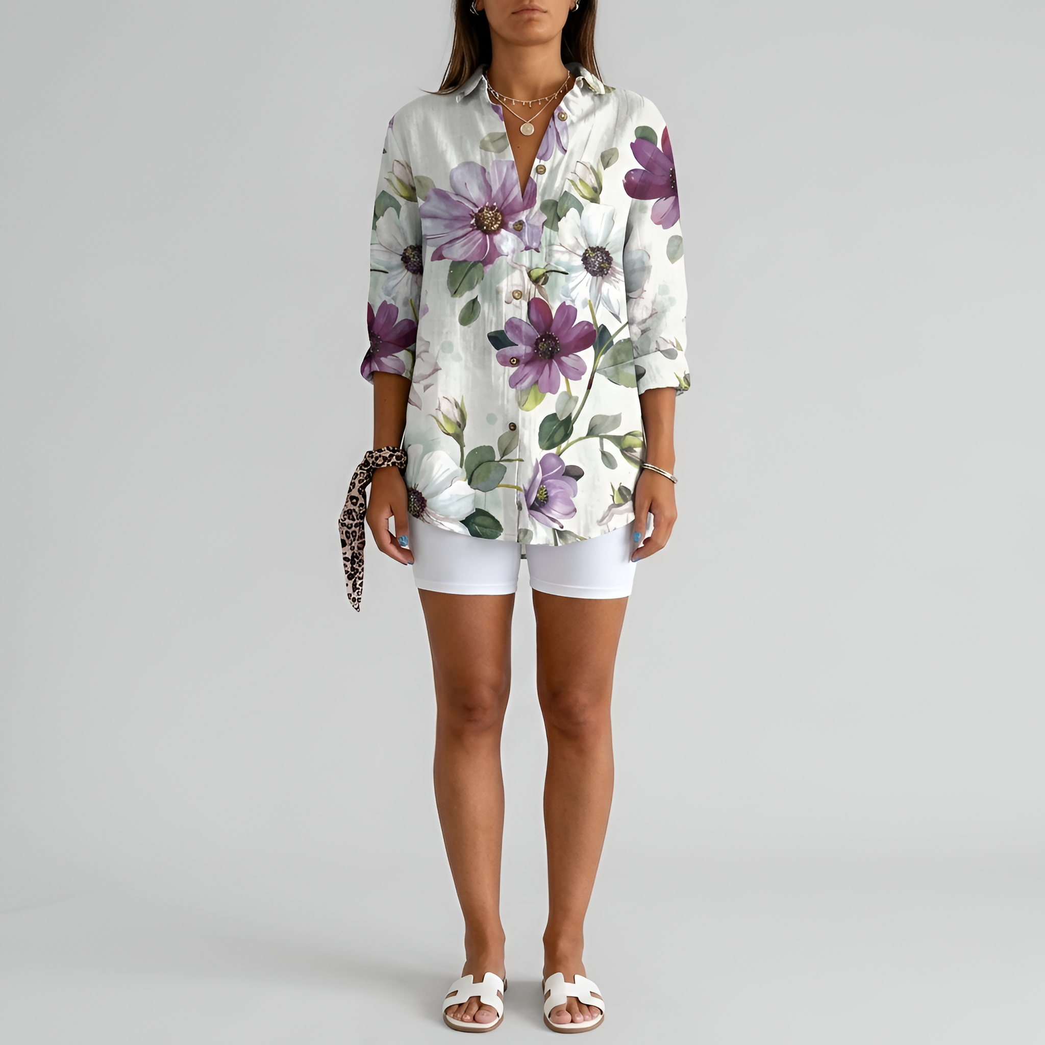 Women's Long Floral Cotton Shirt with Buttons, Long Sleeve, Casual Summer