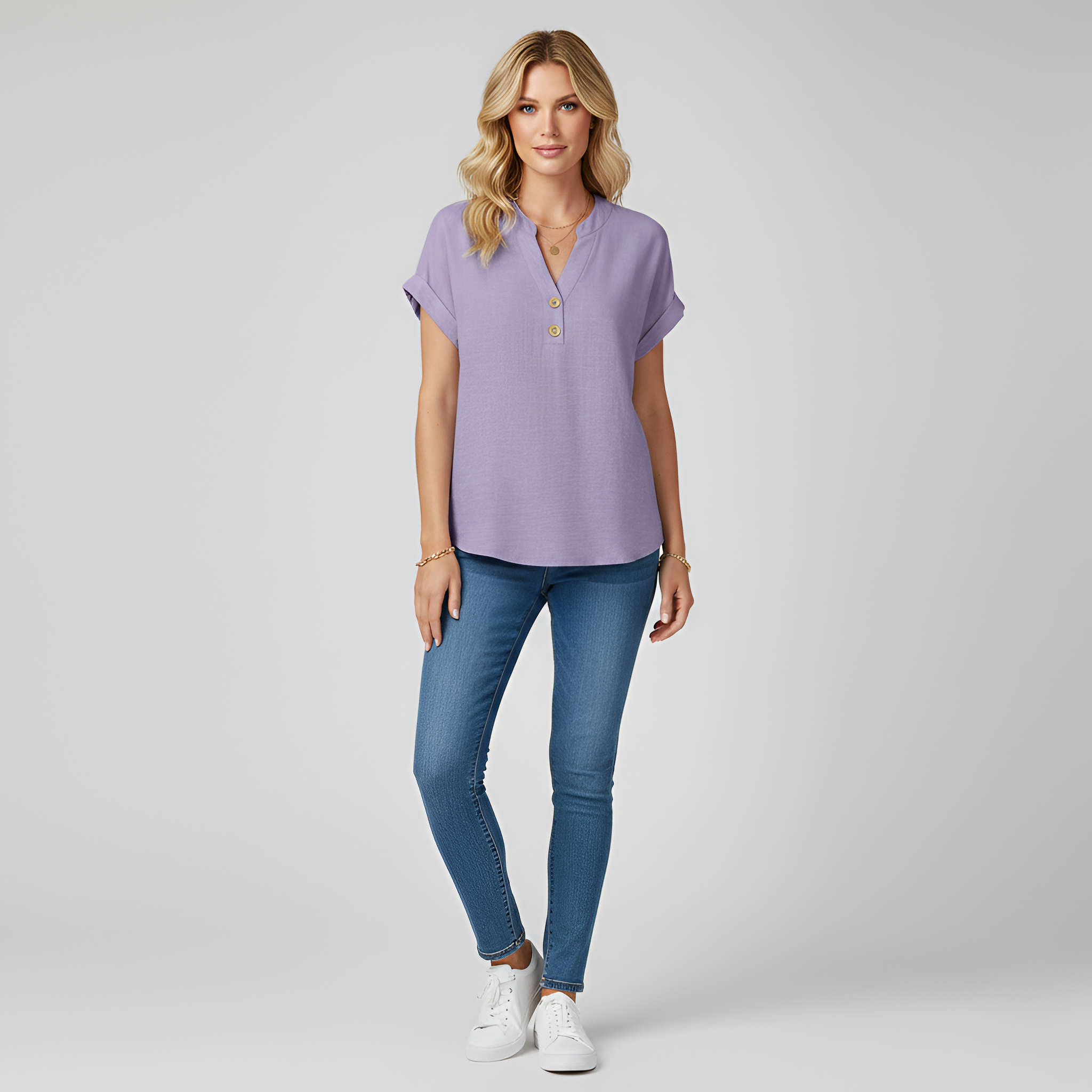 Blusa donna maniche corte in cotone con scollo a V e bottoni