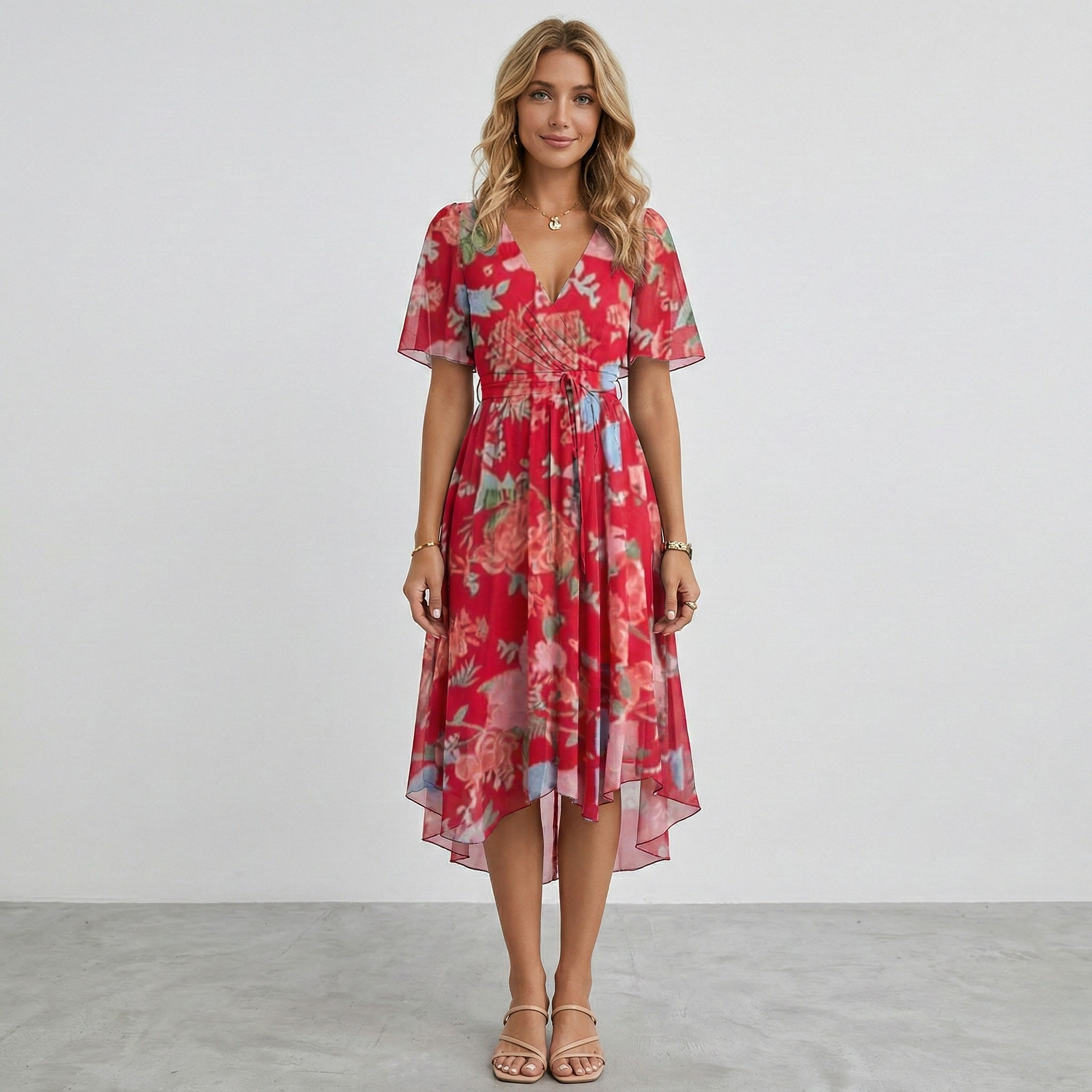Vestito donna midi floreale scollo a V manica corta abito estivo elegante