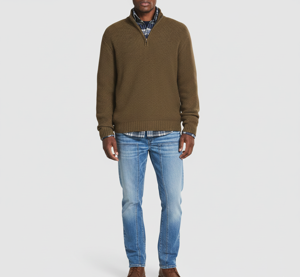 Valerios Fashion pull homme à fermeture éclair col montant en coton