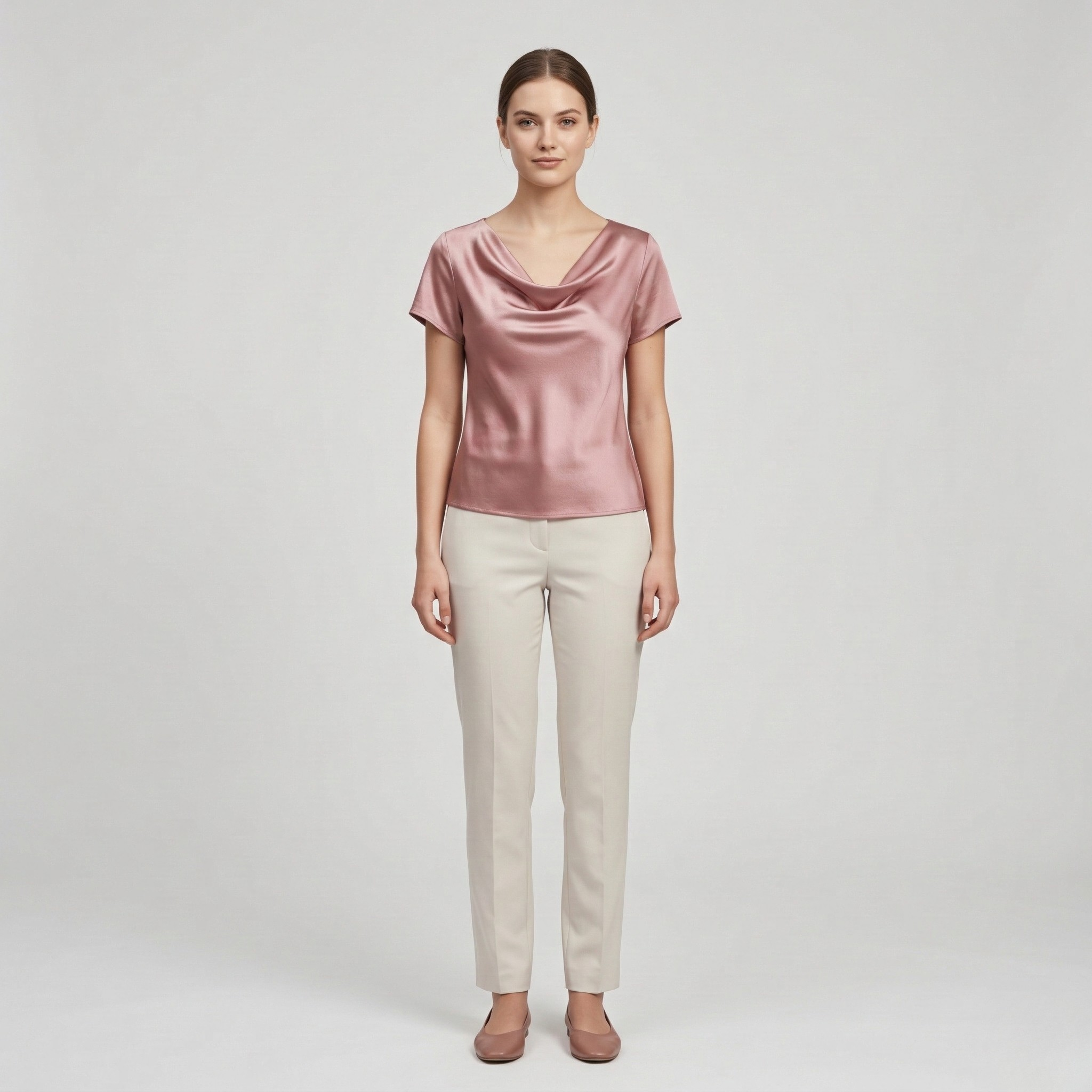 Elegant bluse til kvinder med draperet halsudskæring, korte ærmer, casual elegant top