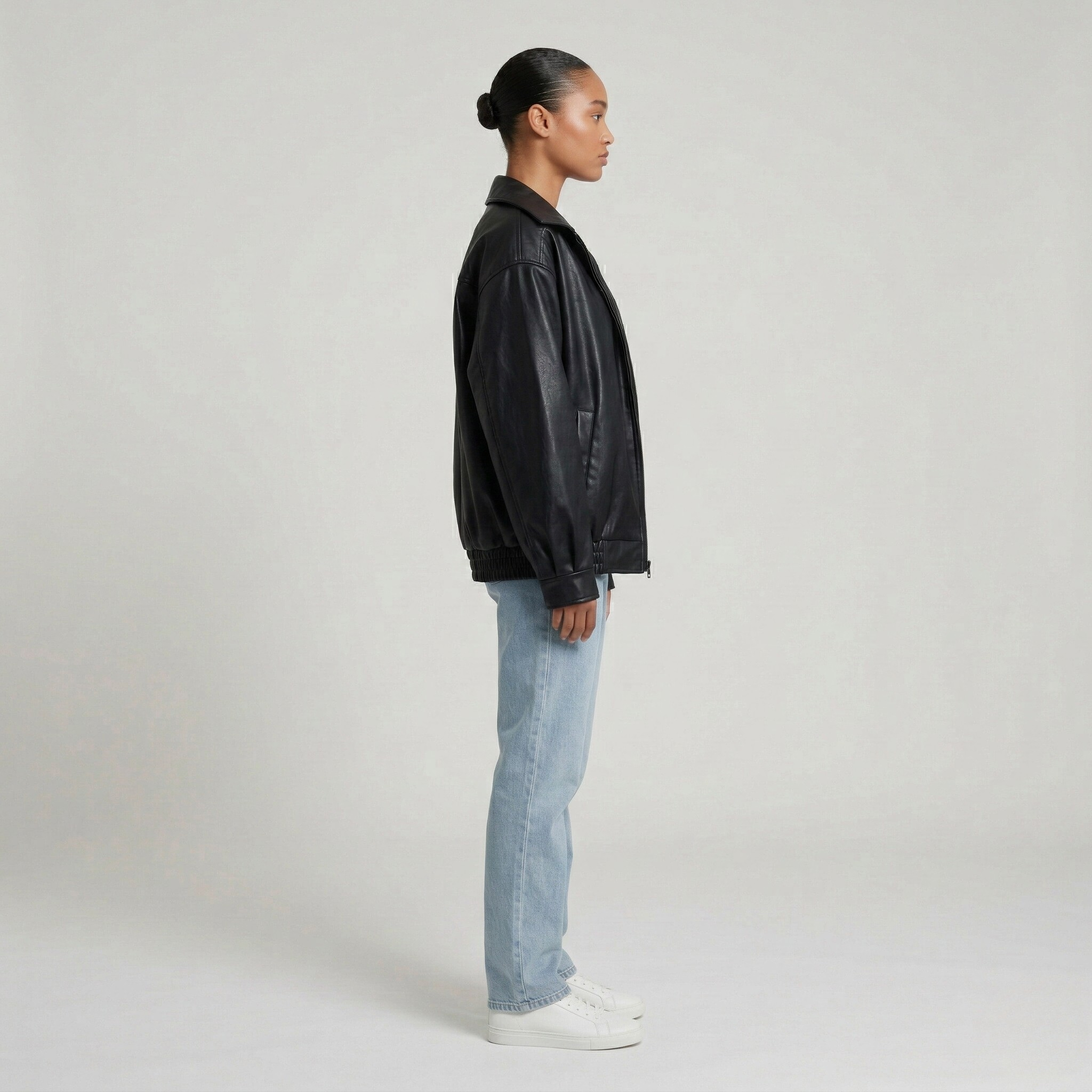 Casaco de senhora oversize em pele sintética com fecho de correr, blusão casual estilo biker