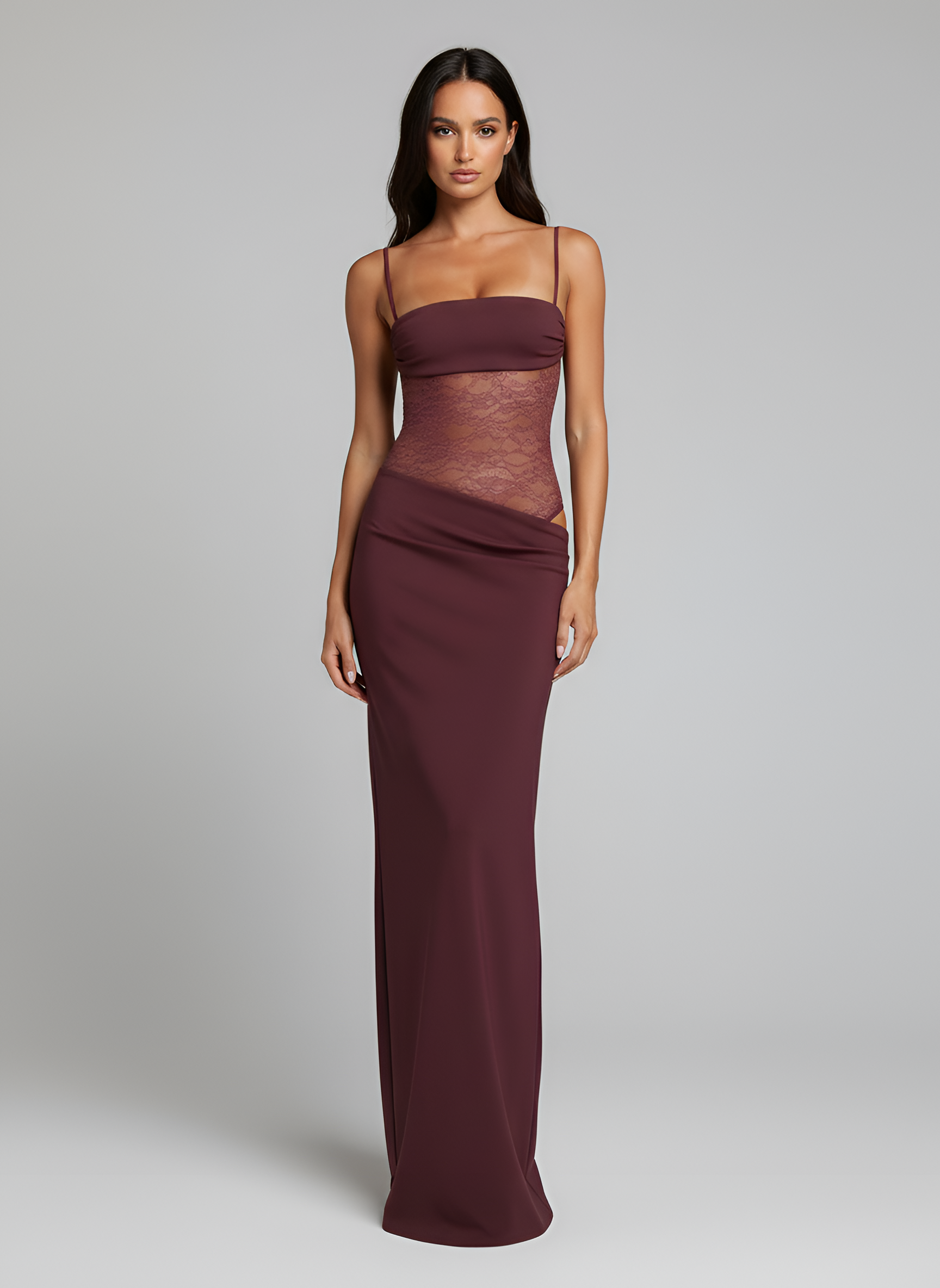 Dlhé dámske šaty s čipkovaným korzetom a tenkými ramienkami