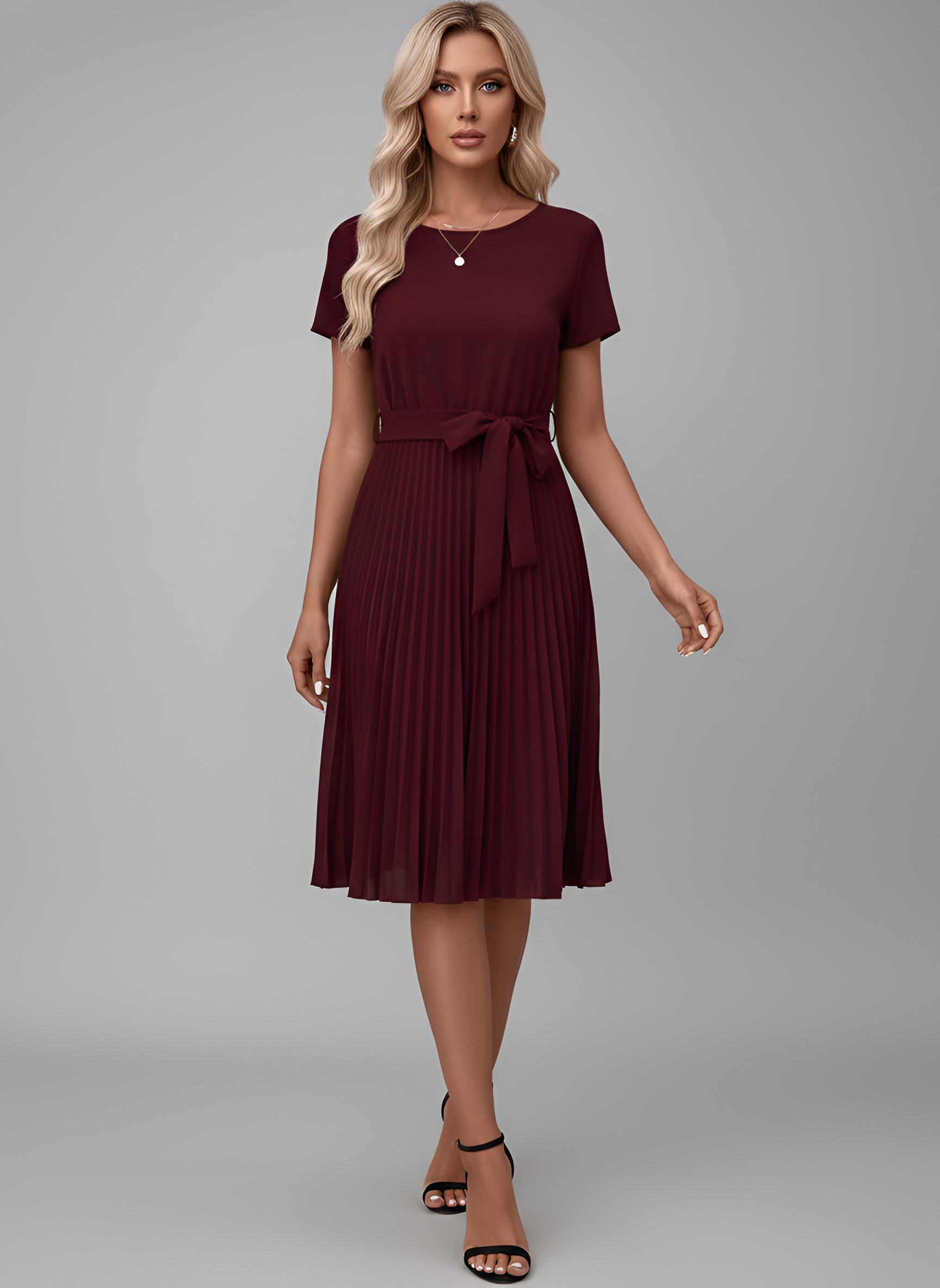 Abito Midi Plissettato Donna con Cintura e Maniche Corte in Tessuto Fluido