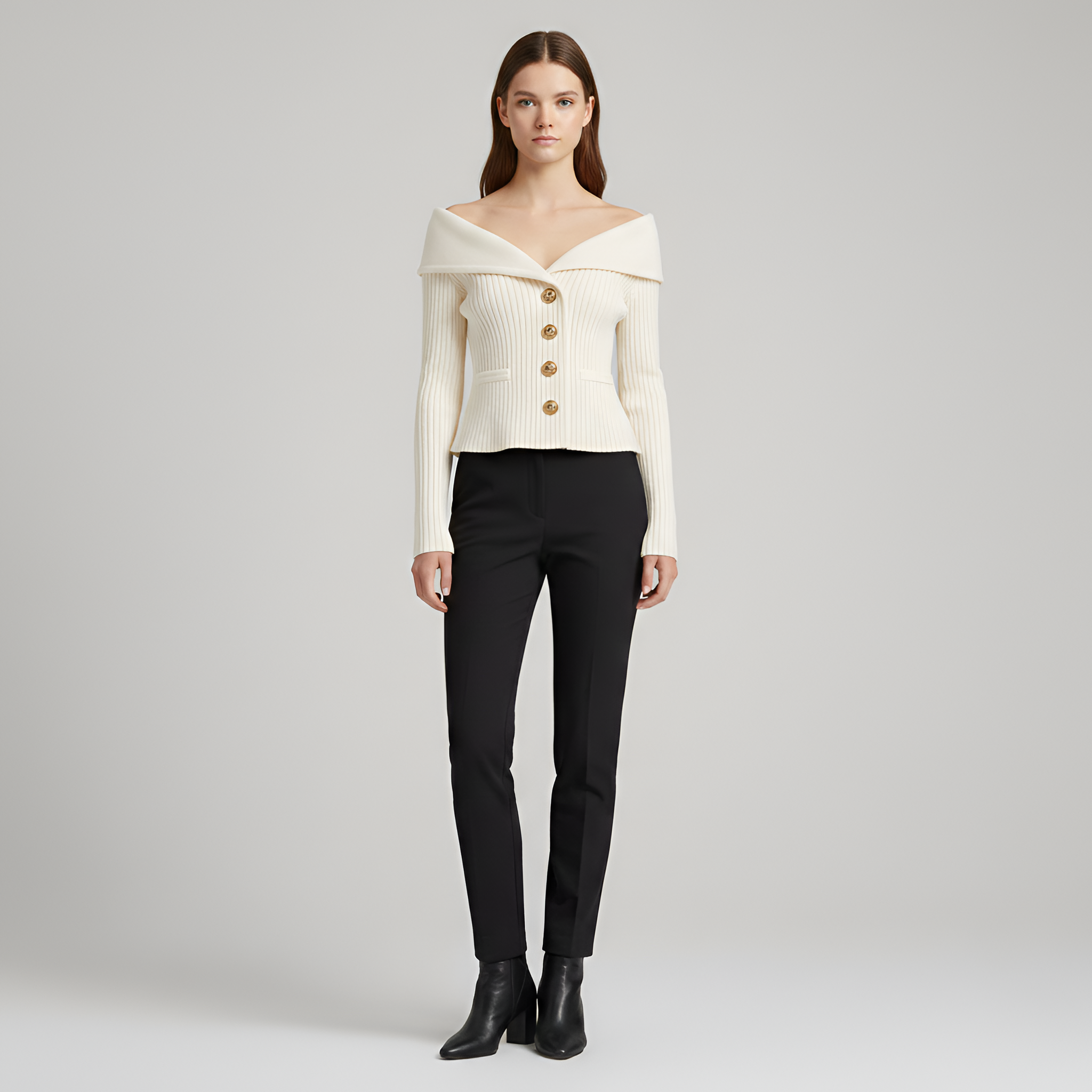 Női bordázott kardigángombos V-nyakú szűk szabású pulóver