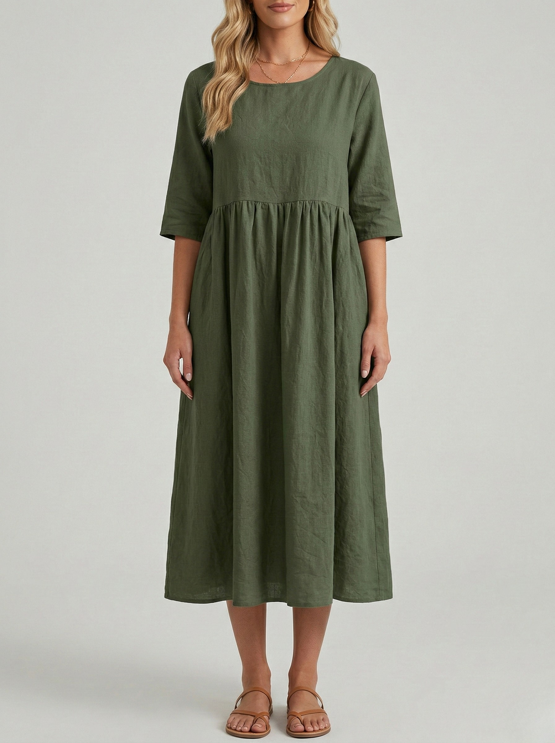 Vestito midi donna in cotone con maniche corte e tasche laterali casual