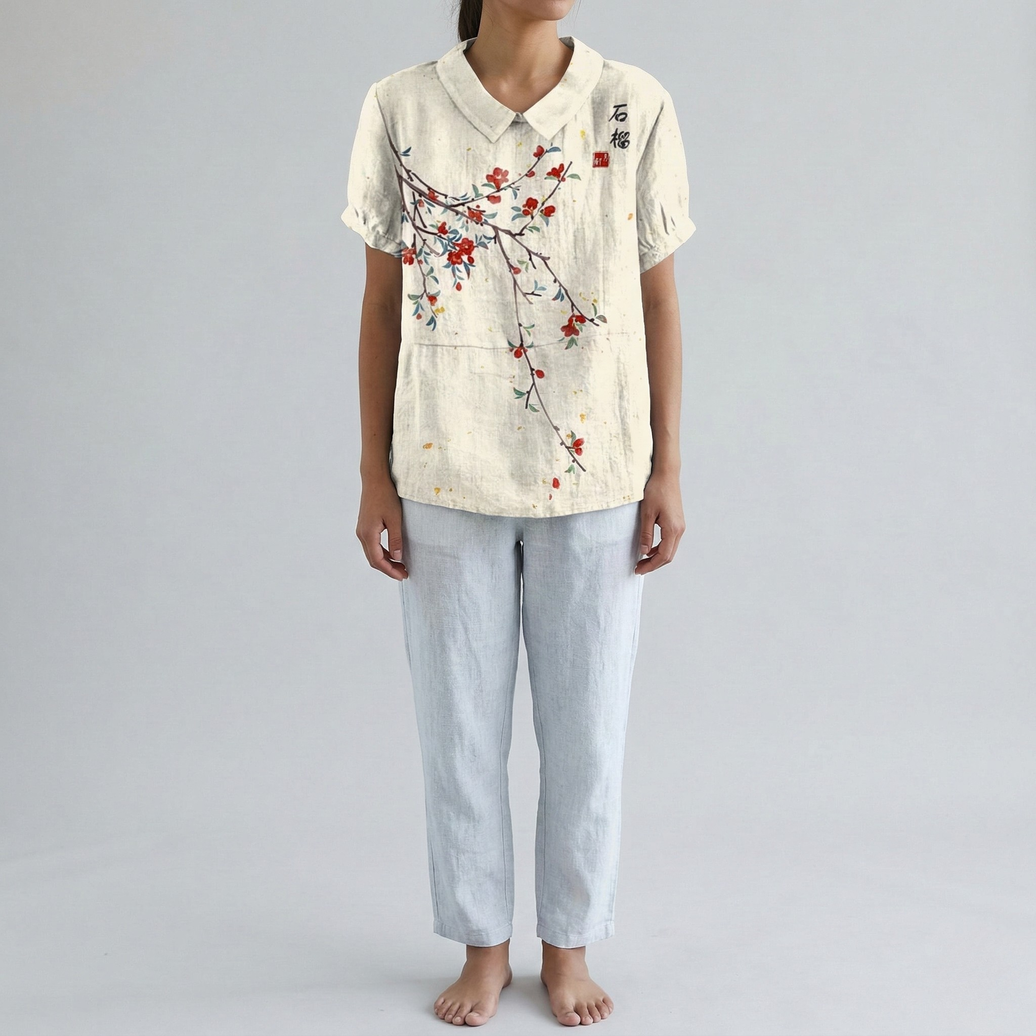Camicia donna in cotone stampa floreale manica corta camicetta casual estiva