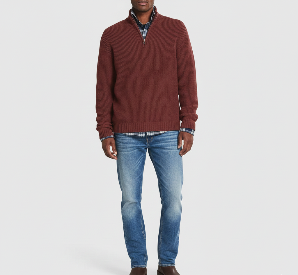 Valerios Fashion pull homme à fermeture éclair col montant en coton