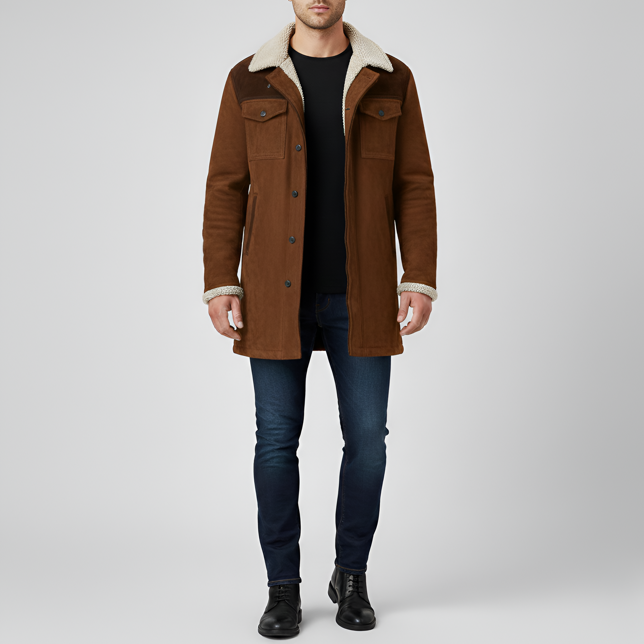 Valerios Fashion Men's Fleece-Lined Jacket with Shearling Collar and Buttons