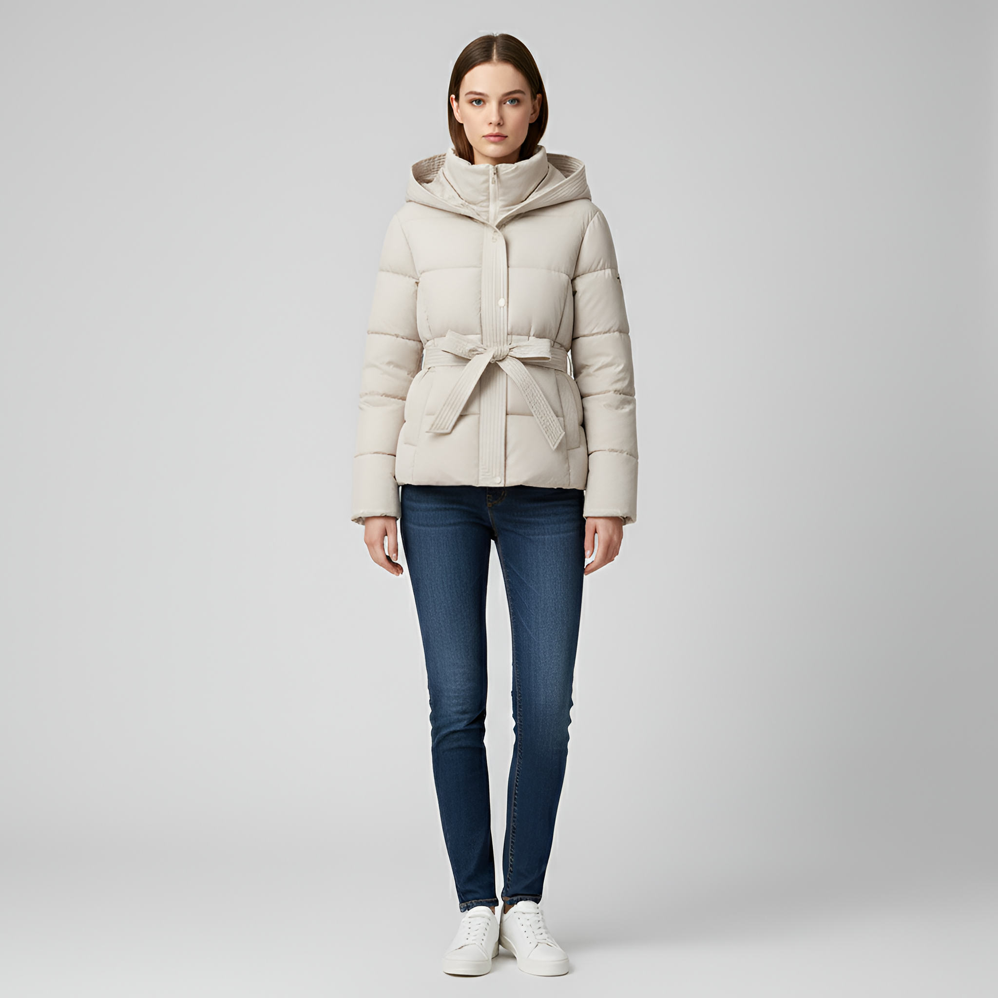 Valerios Fashion dame dunjakke med hætte og bælte, foret, vinter
