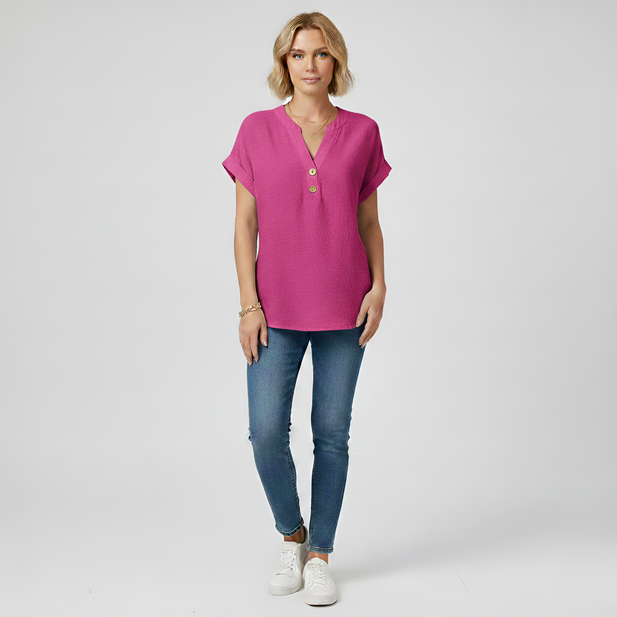 Blusa donna maniche corte in cotone con scollo a V e bottoni