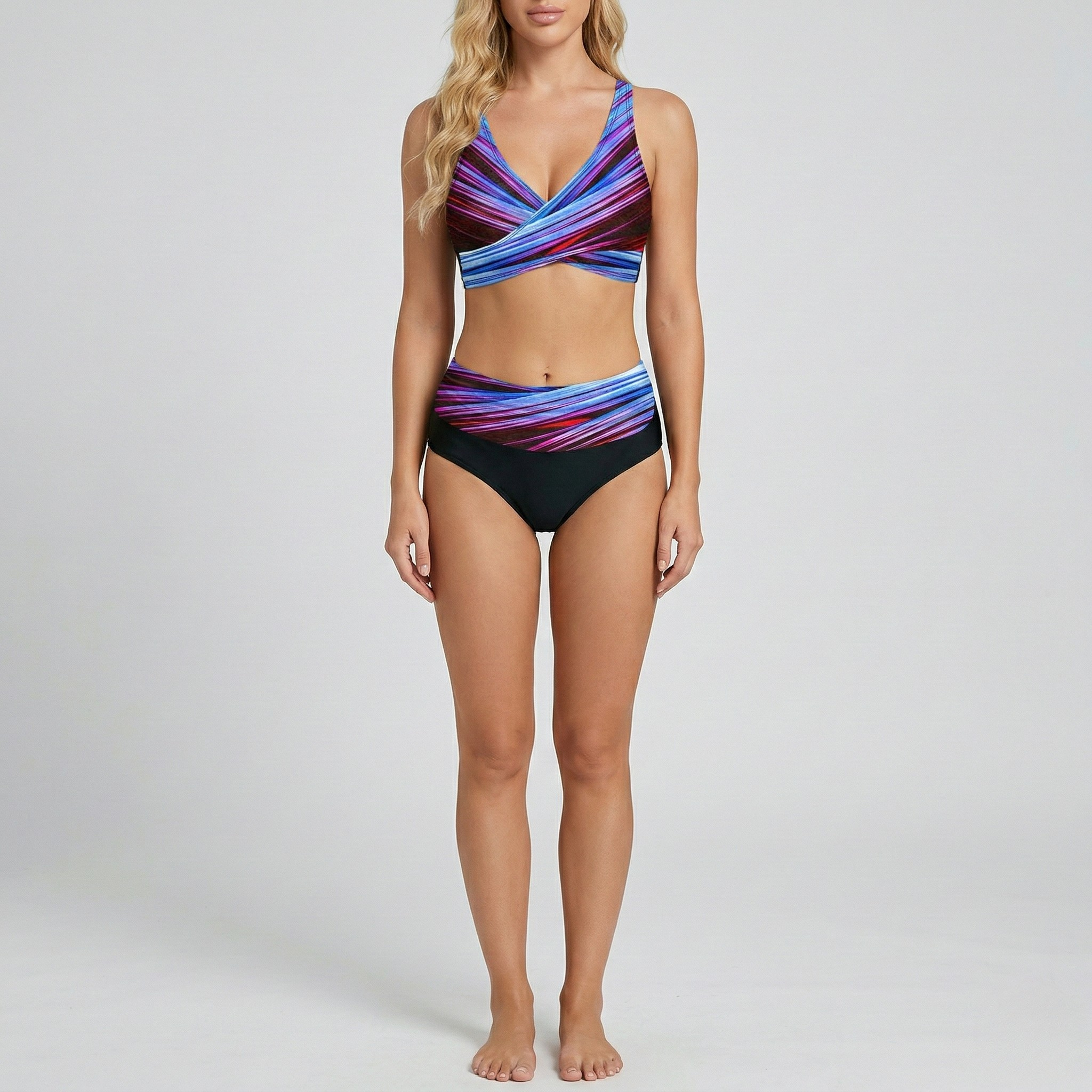 Bikini Donna Vita Alta Incrociato Costume da Bagno Due Pezzi Stampato