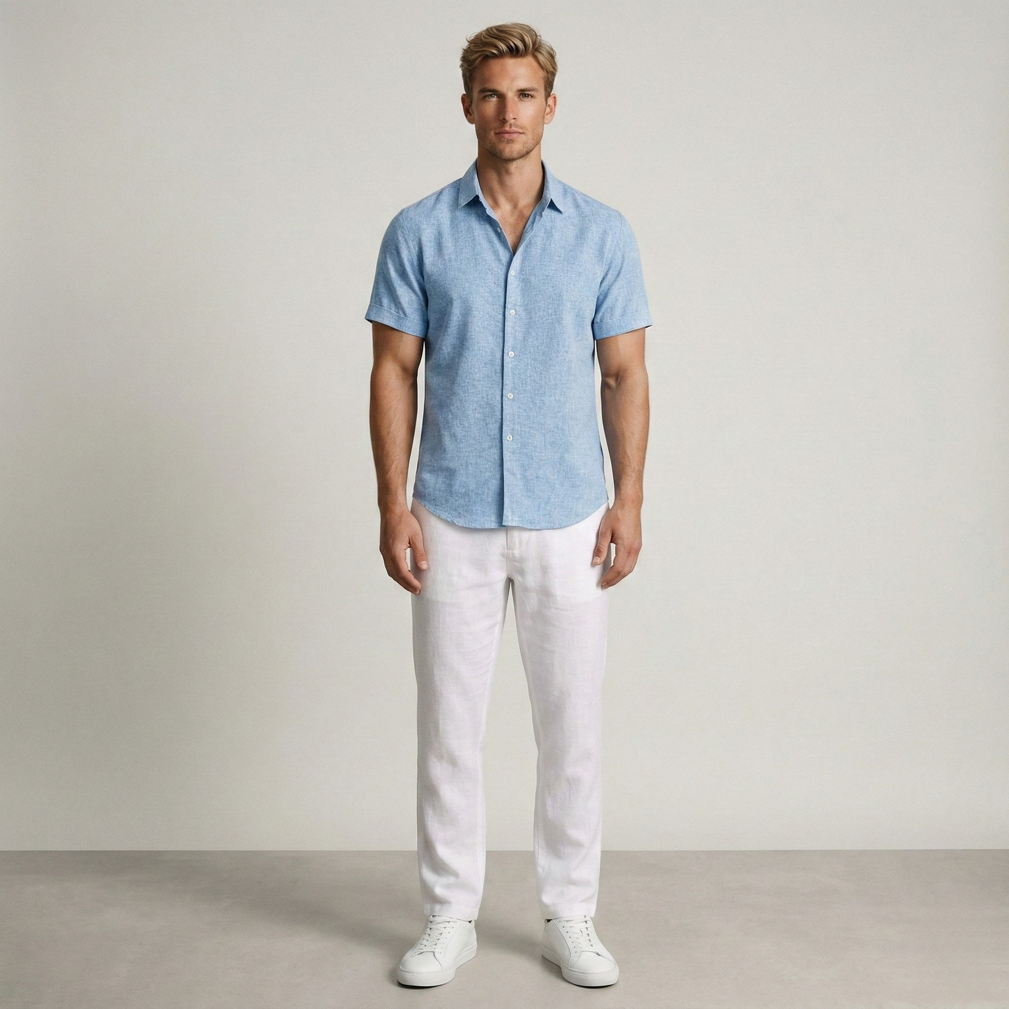 Camisa de Homem em Linho Manga Curta Ajustada de Verão Casual Elegante