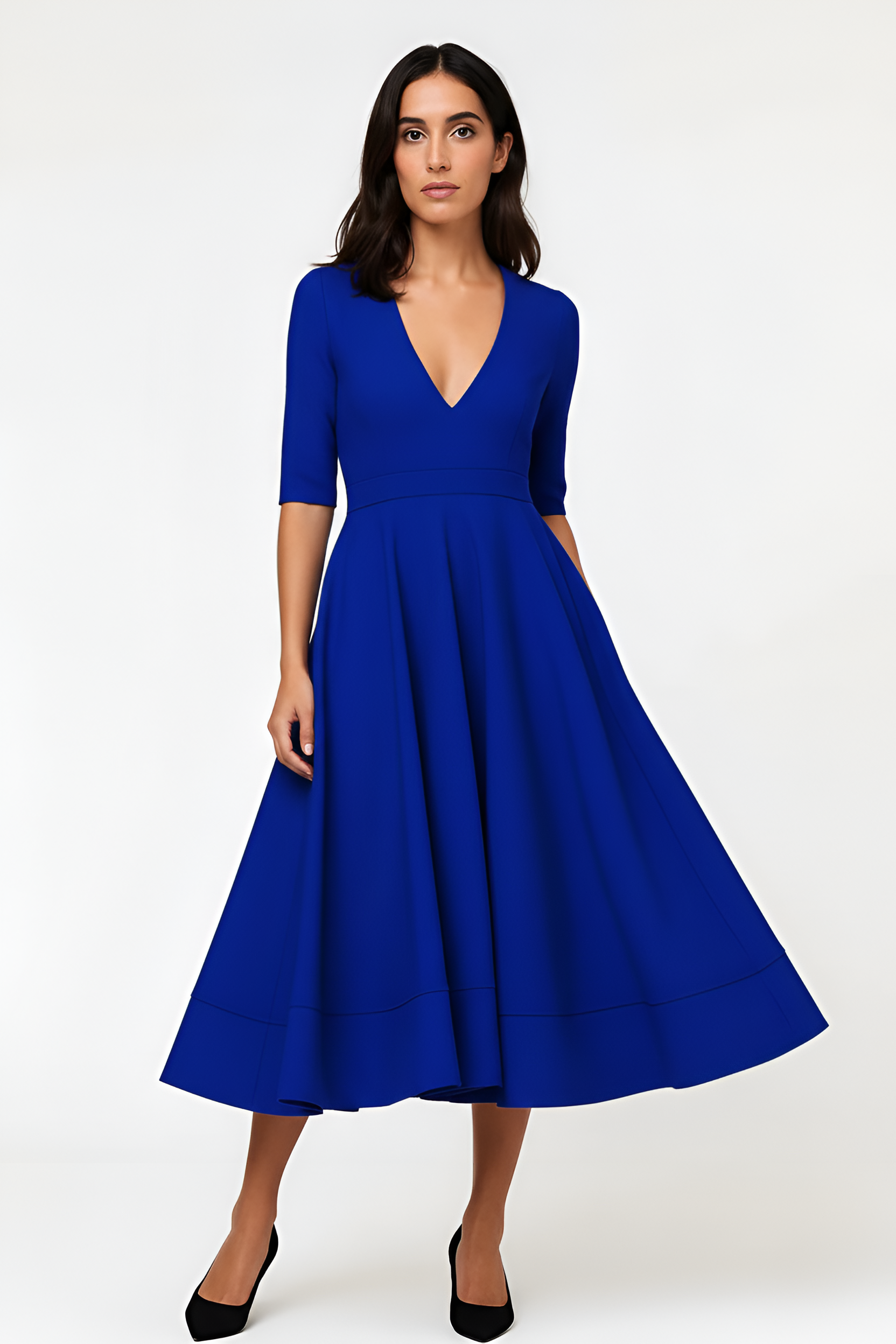 Abito midi donna con scollo a V, maniche tre quarti e gonna svasata