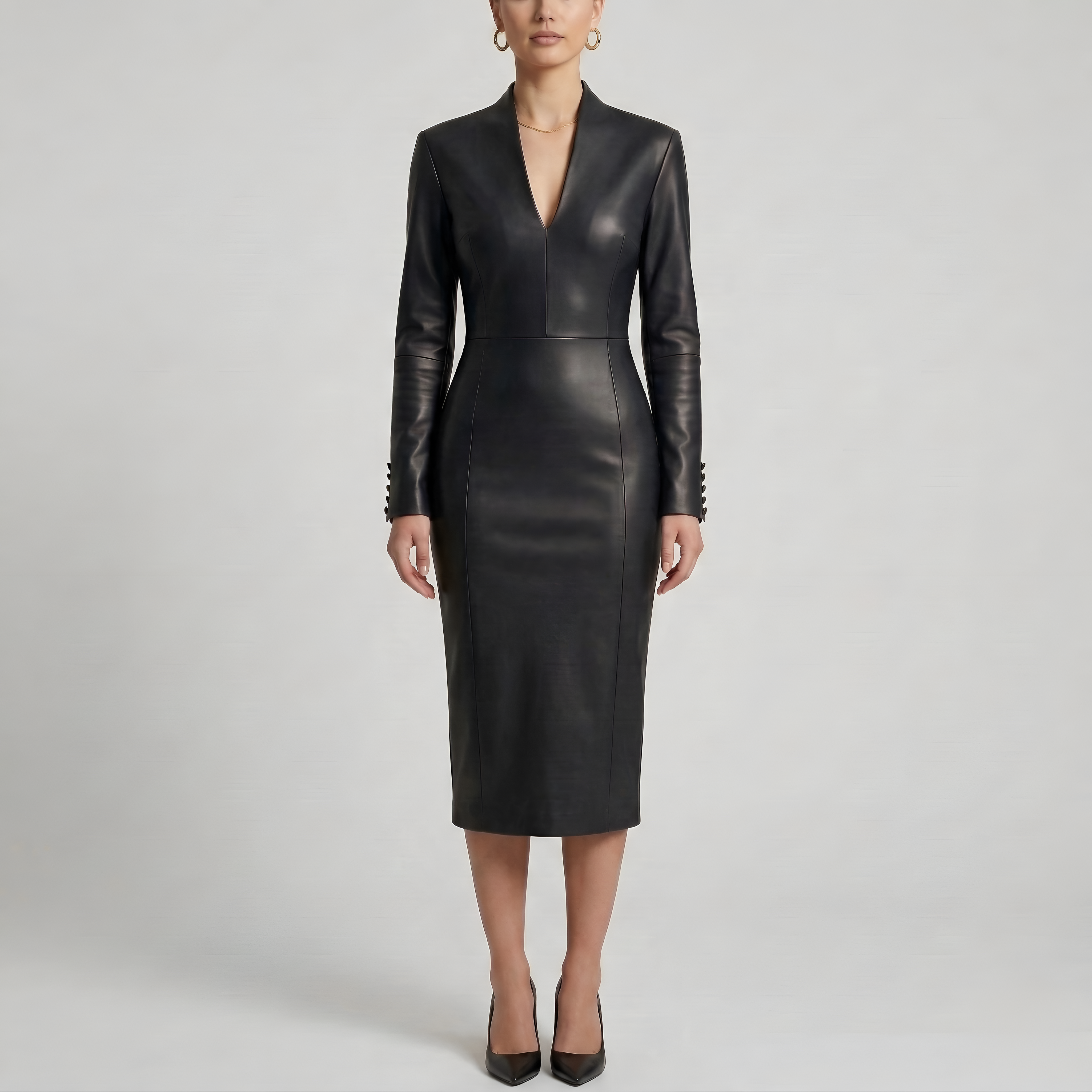Women's Fitted Leather-Effect Dress with V-Neck and Long Sleeves Midi Dress