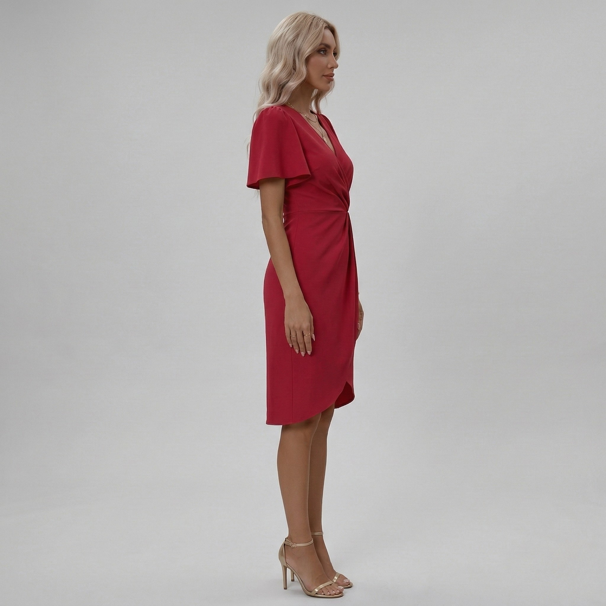 Elegant women's dress with V-neck, midi wrap dress, short sleeves, slim fit