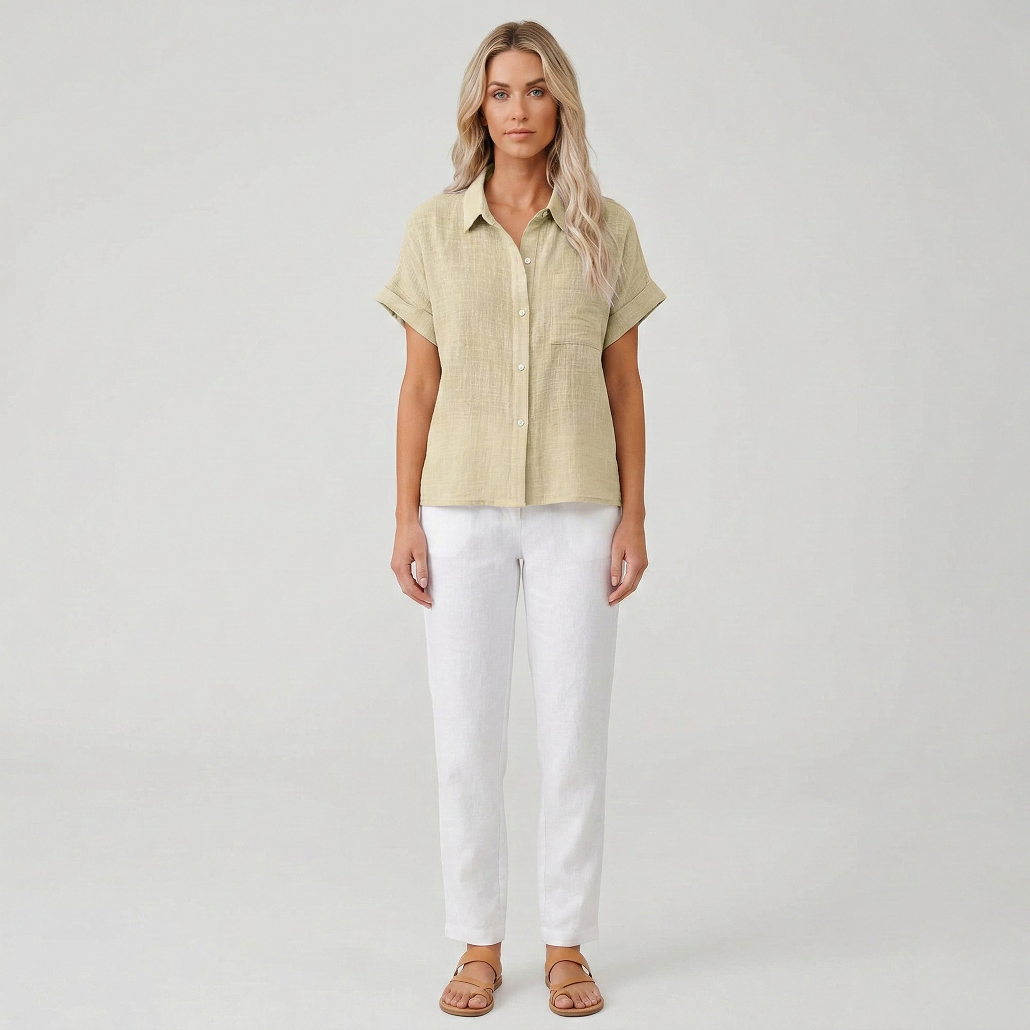 Camicia Donna Lino Manica Corta Camicetta Estiva con Bottoni