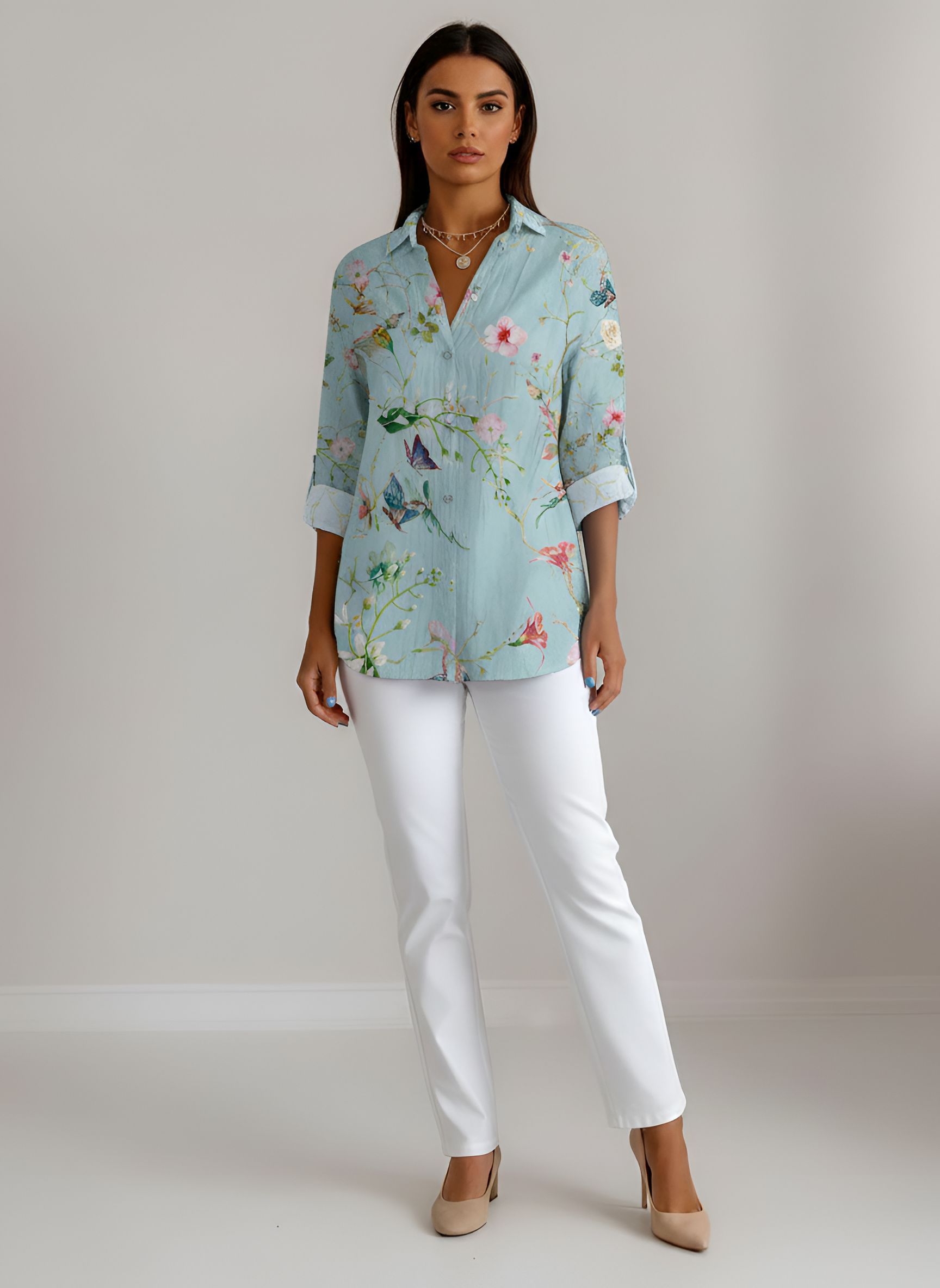 Women's floral cotton shirt with collar and three-quarter sleeves