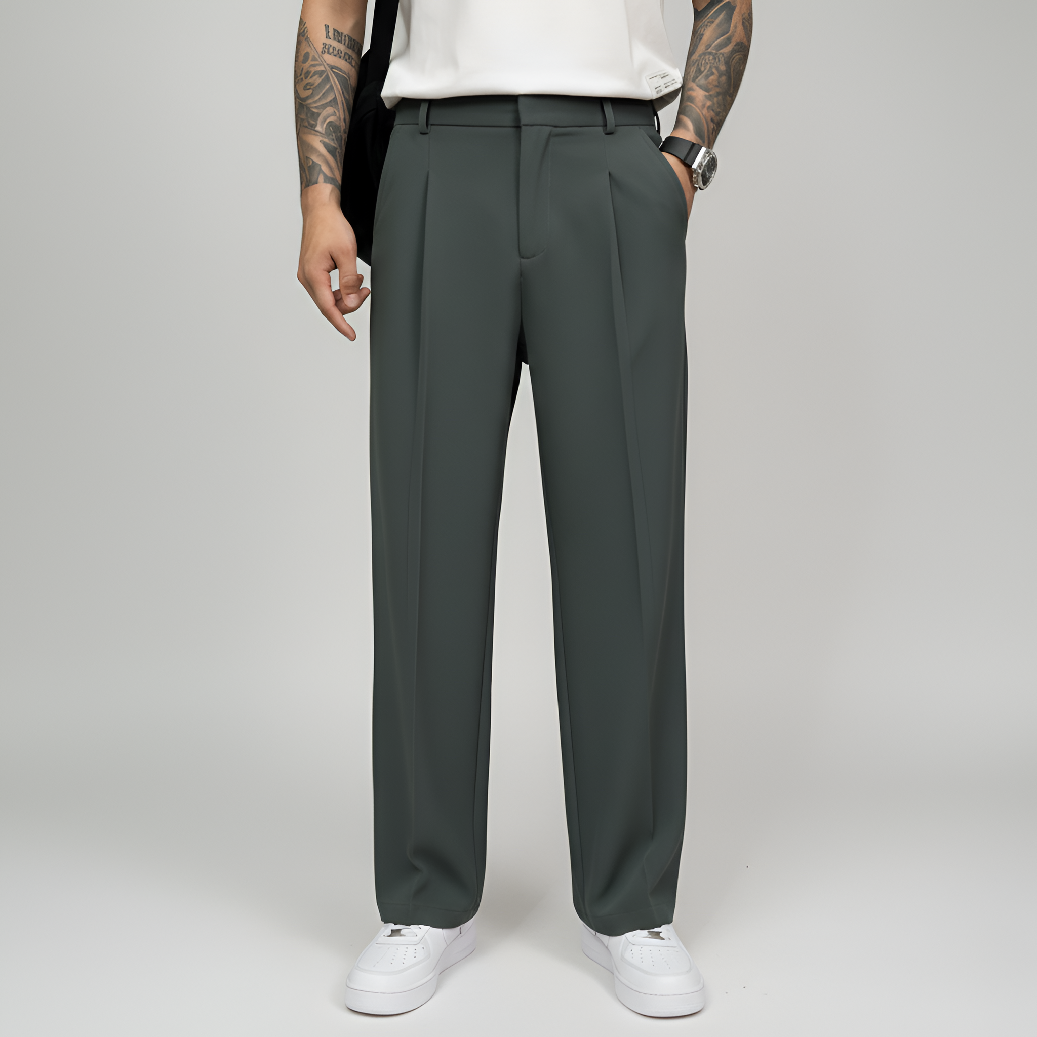 Men's tailored pleated trousers straight fit elegant casual style