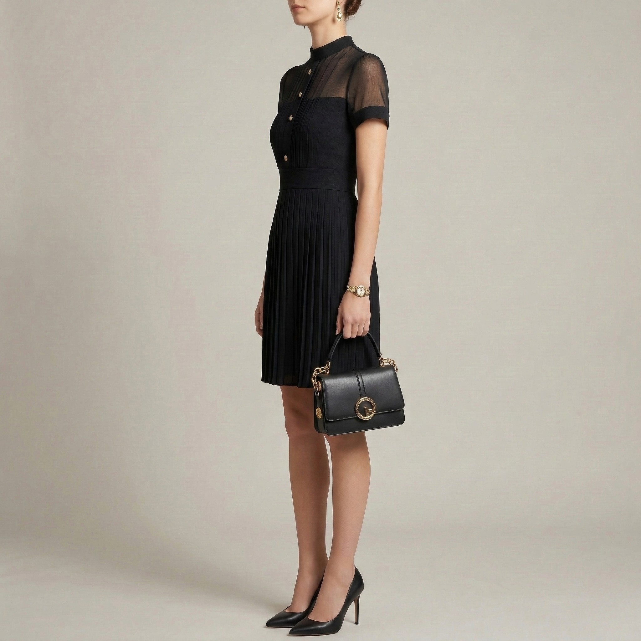 Vestido elegante de mujer plisado con botones y cuello alto, manga corta