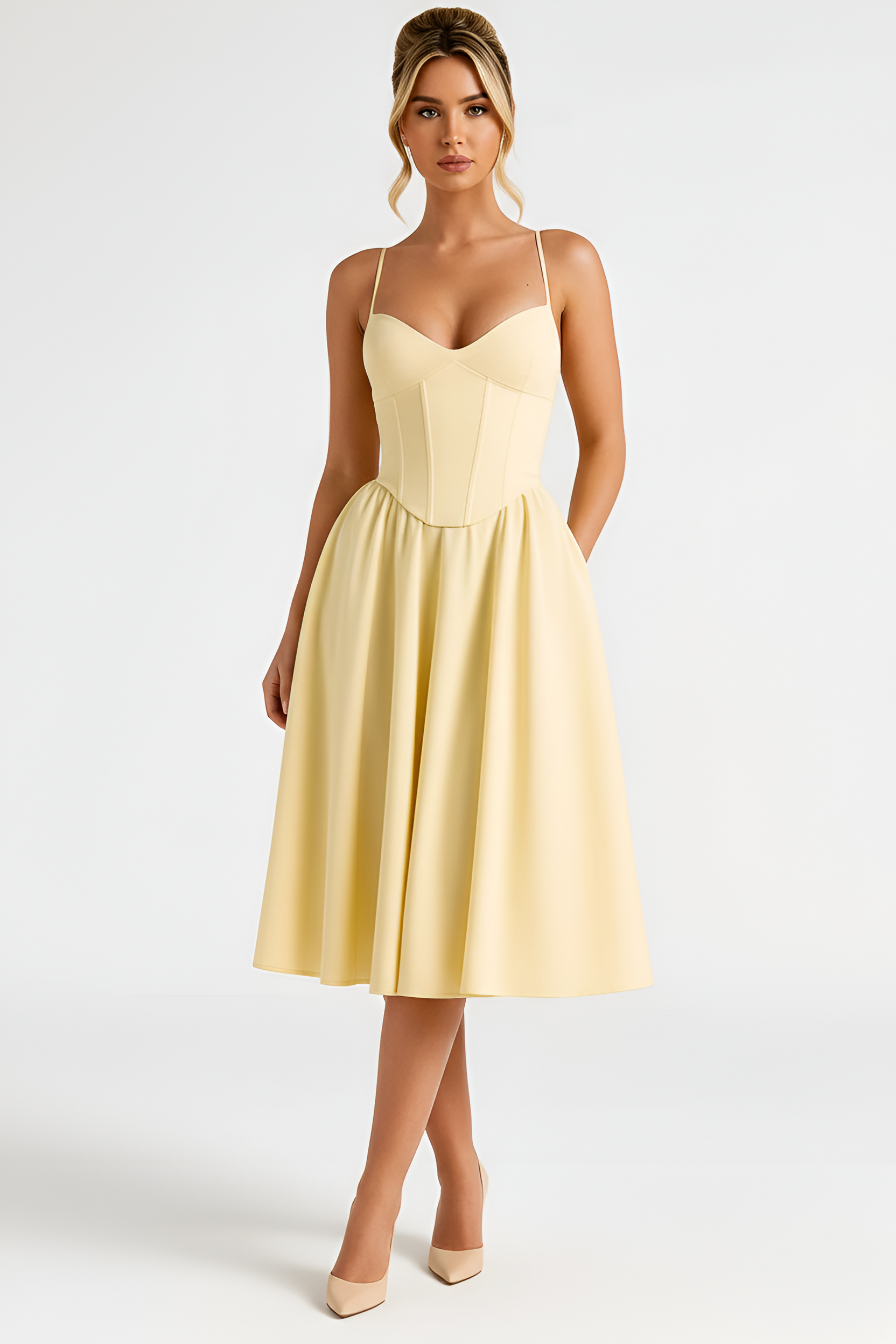 Abito midi donna con spalline sottili e bustino strutturato