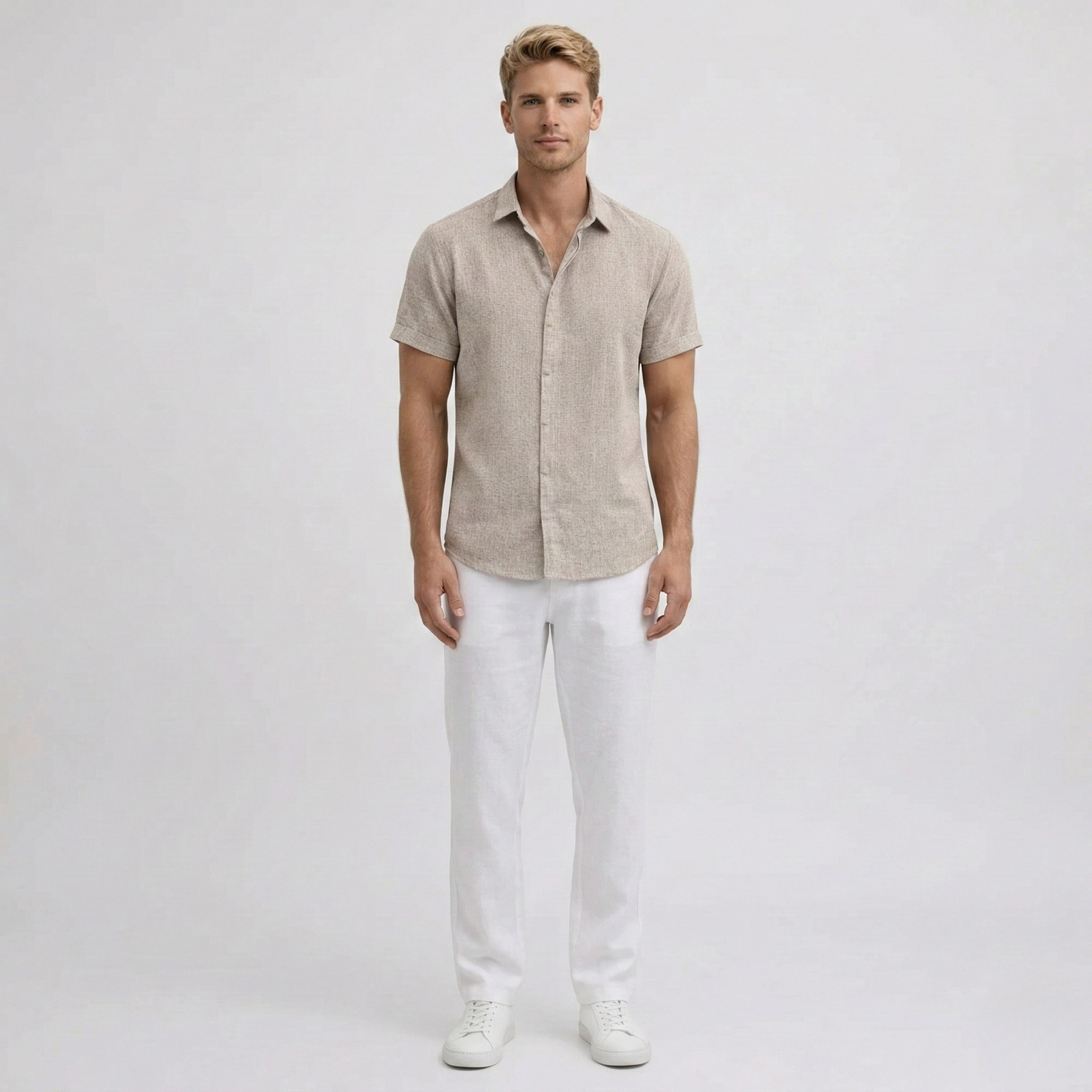 Camisa de Homem em Linho Manga Curta Ajustada de Verão Casual Elegante