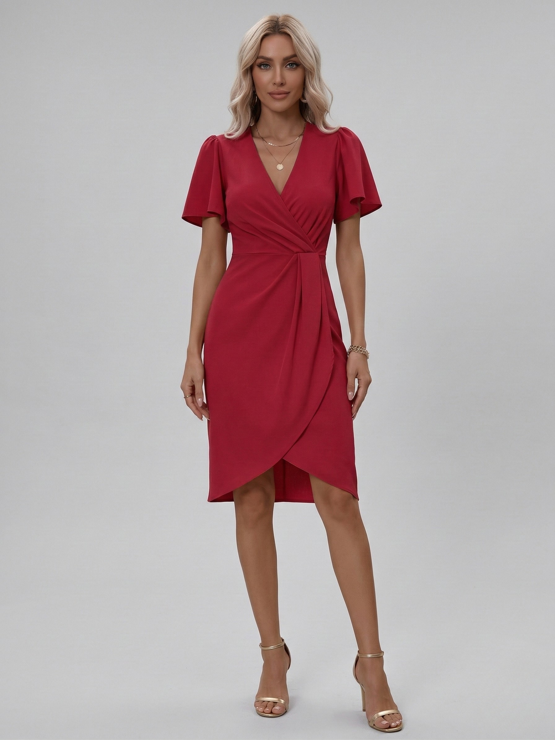 Elegant women's dress with V-neck, midi wrap dress, short sleeves, slim fit